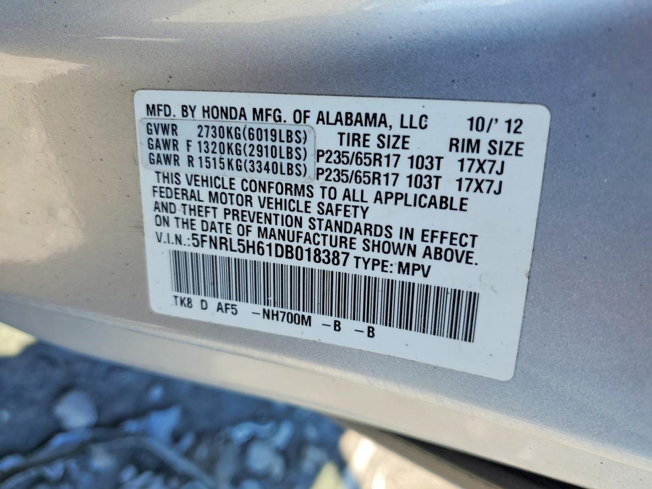 2013 Honda Odyssey Silver vin: 5FNRL5H61DB018387