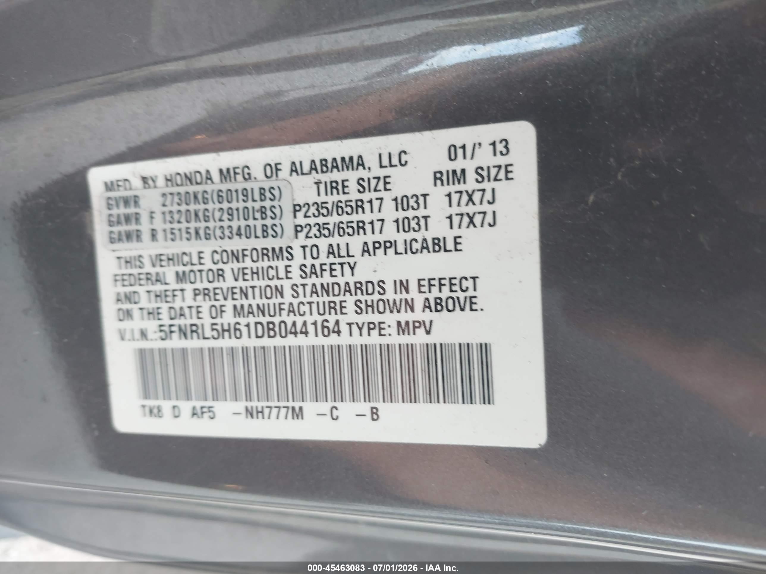 2013 Honda Odyssey Ex-l Gray vin: 5FNRL5H61DB044164