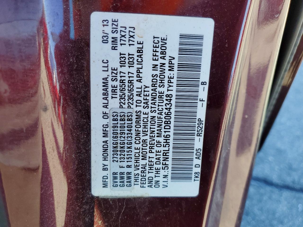 2013 Honda Odyssey Exl Maroon vin: 5FNRL5H61DB064348