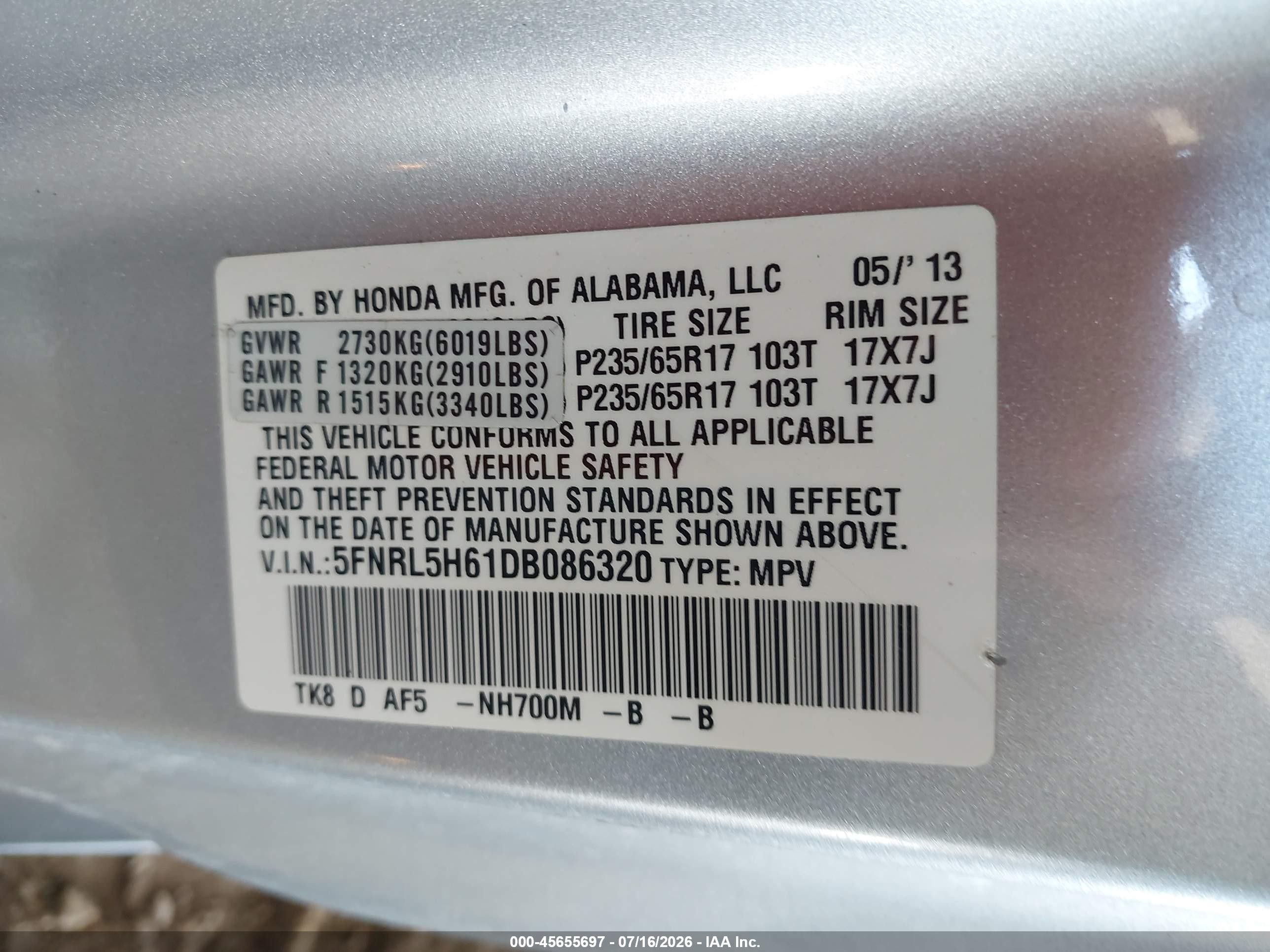 2013 Honda Odyssey Ex-l Silver vin: 5FNRL5H61DB086320