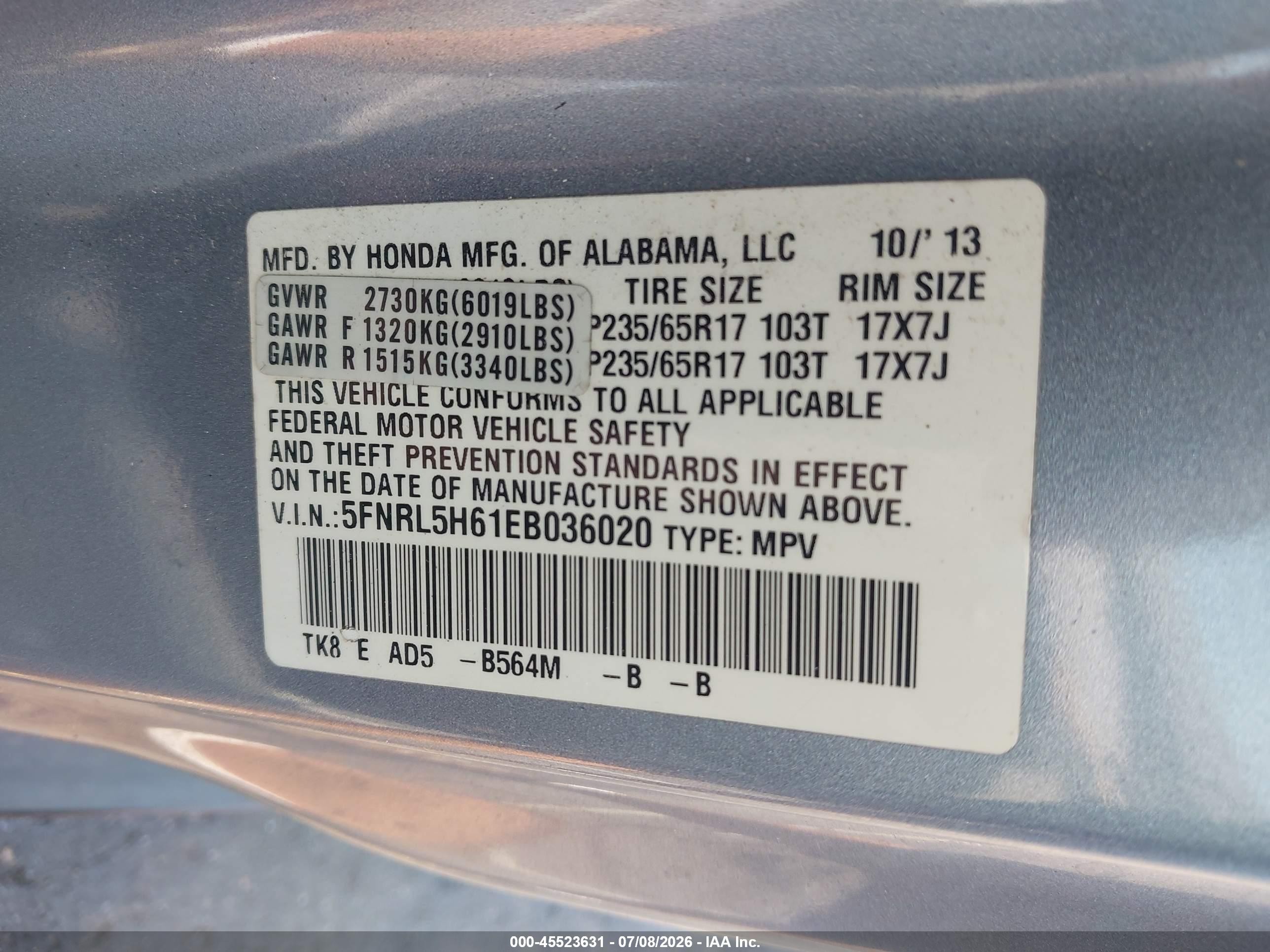 2014 Honda Odyssey Ex-l Blue vin: 5FNRL5H61EB036020