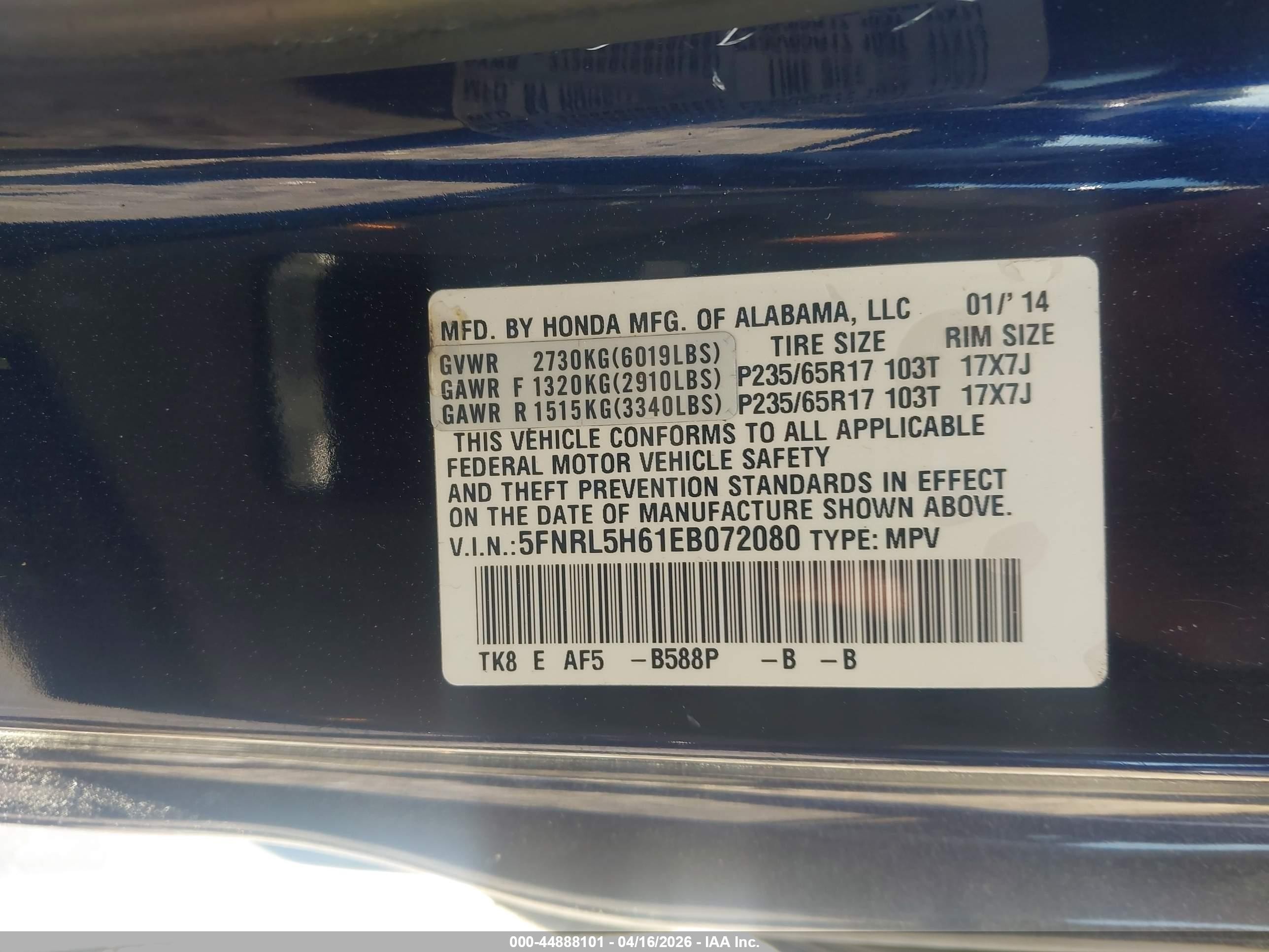 2014 Honda Odyssey Ex-l Dark Blue vin: 5FNRL5H61EB072080