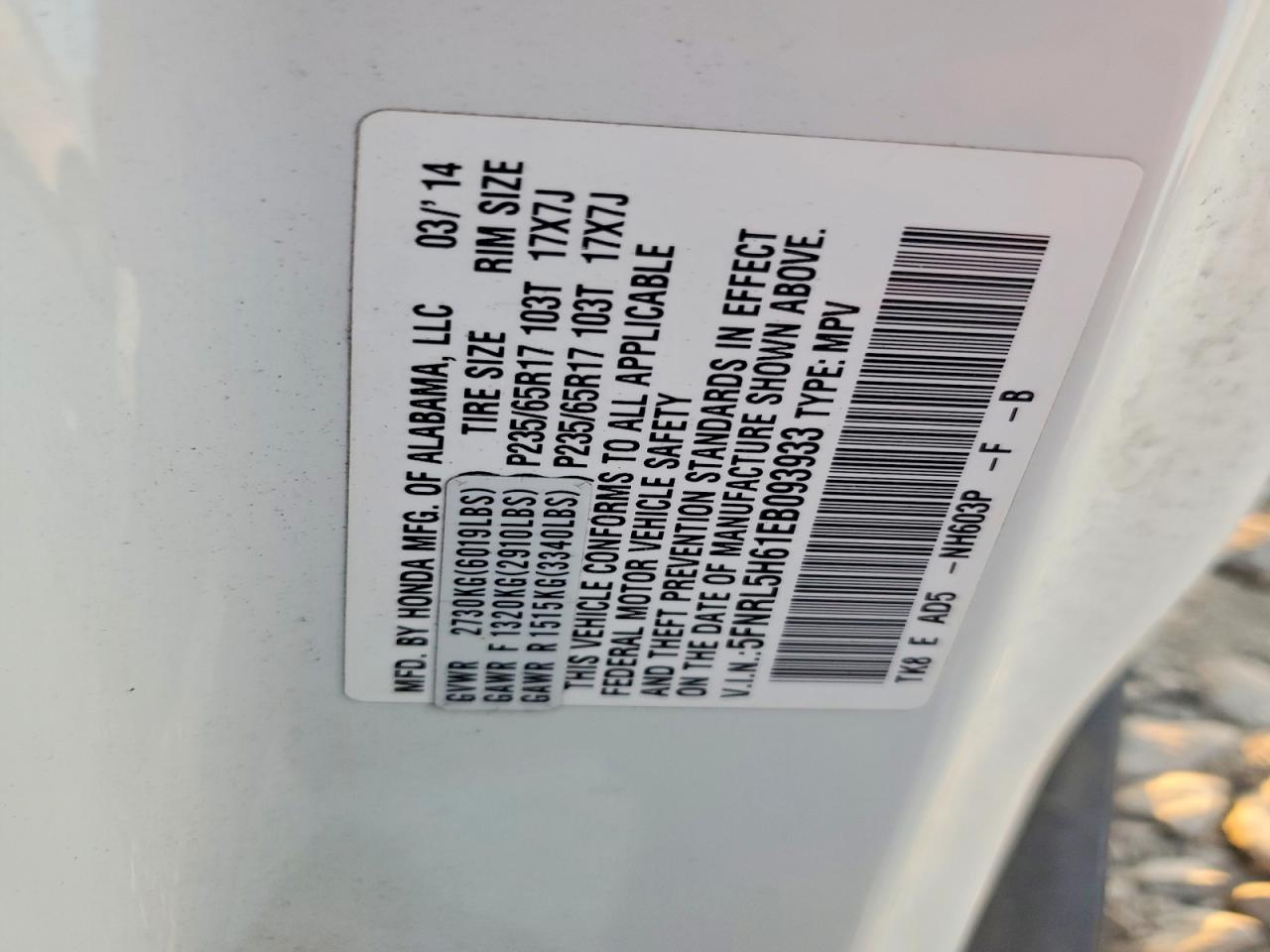 2014 Honda Odyssey Exl White vin: 5FNRL5H61EB093933