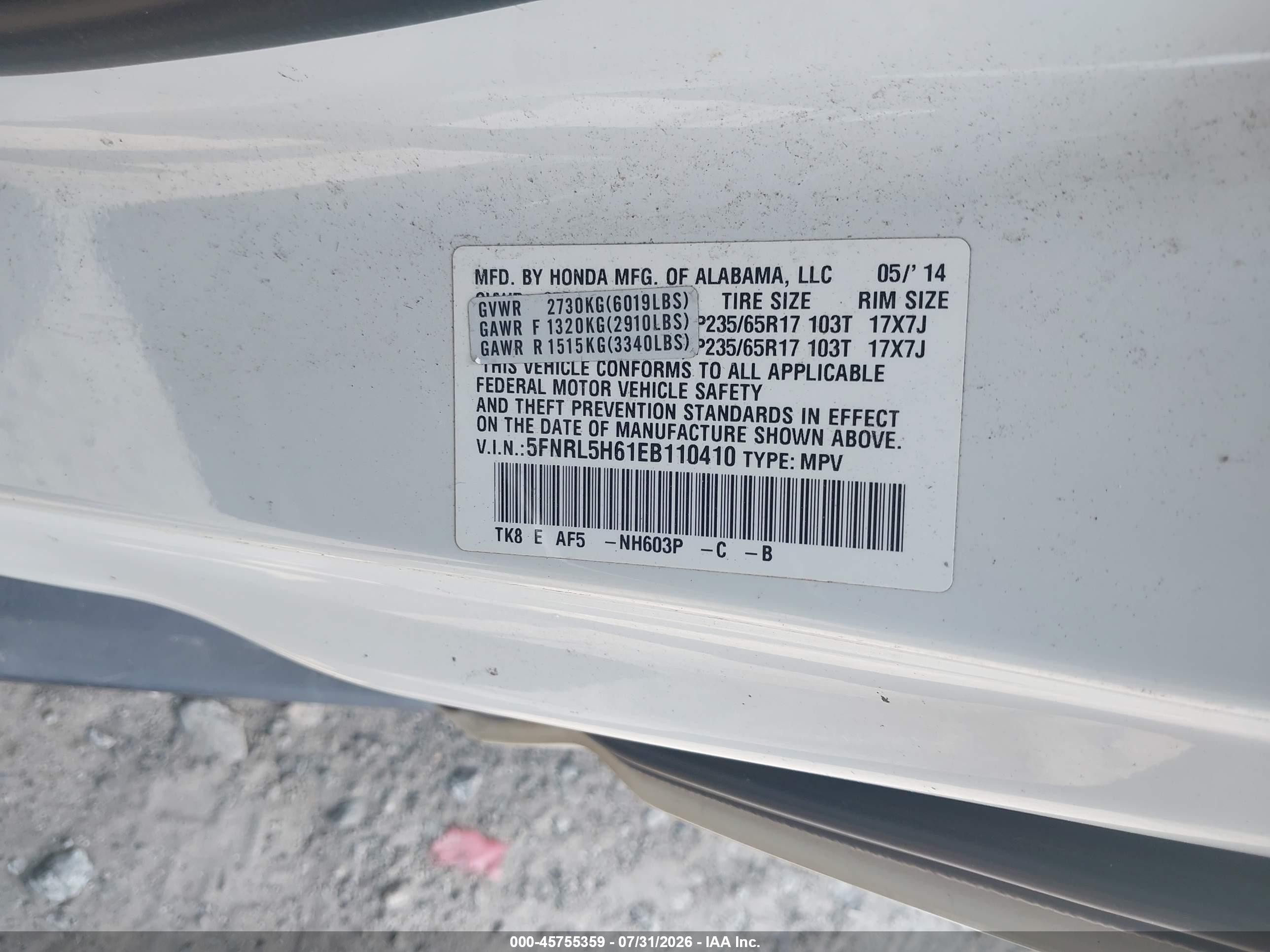 2014 Honda Odyssey Ex-l White vin: 5FNRL5H61EB110410