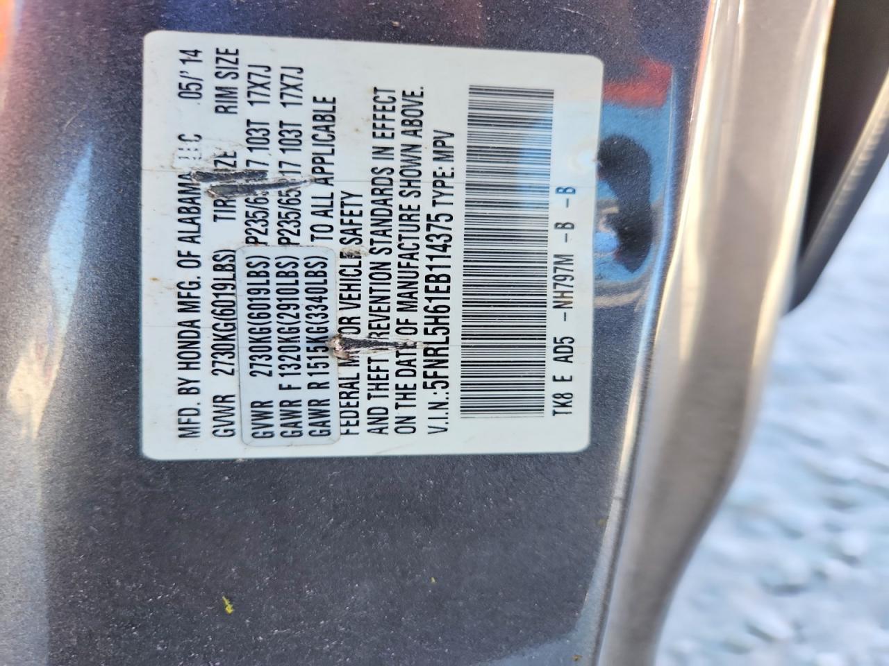 2014 Honda Odyssey Exl Gray vin: 5FNRL5H61EB114375