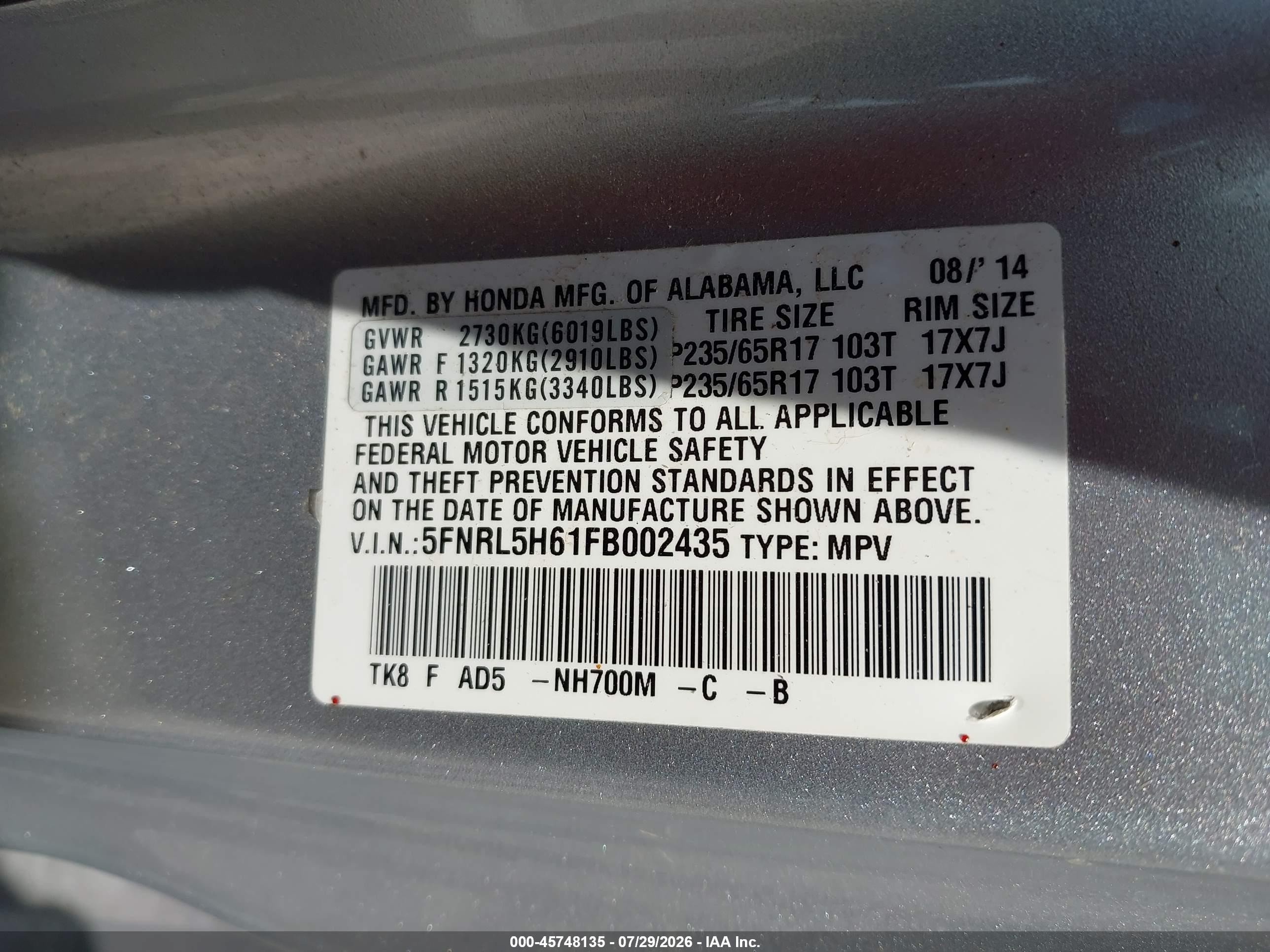 2015 Honda Odyssey Ex-l Silver vin: 5FNRL5H61FB002435