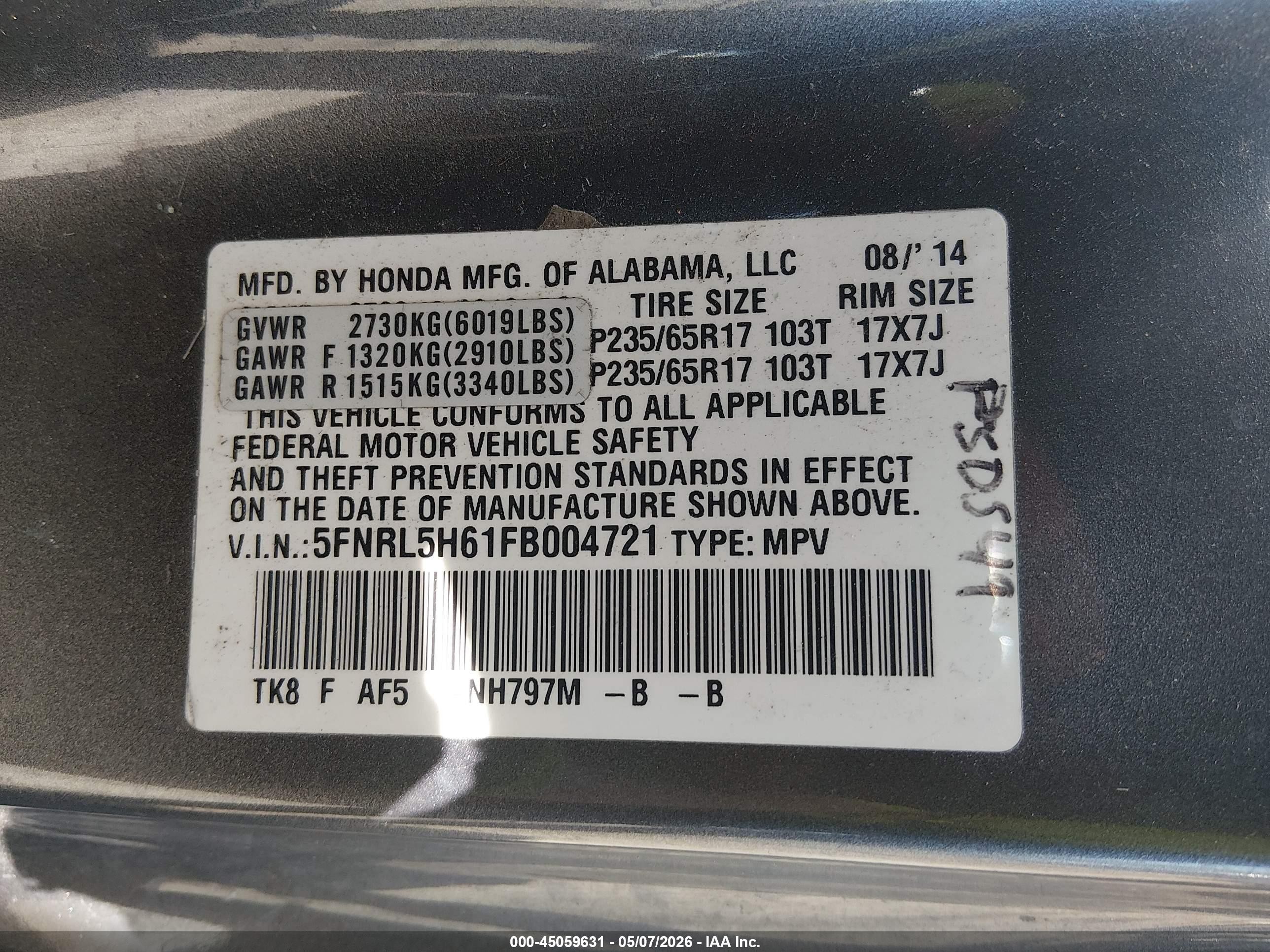 2015 Honda Odyssey Ex-l Gray vin: 5FNRL5H61FB004721