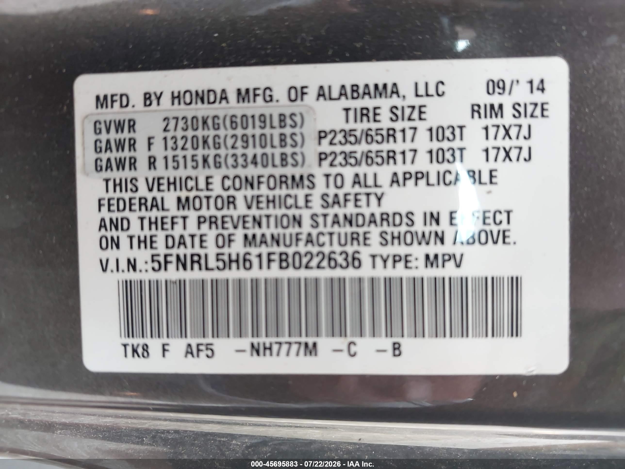 2015 Honda Odyssey Ex-l Gray vin: 5FNRL5H61FB022636