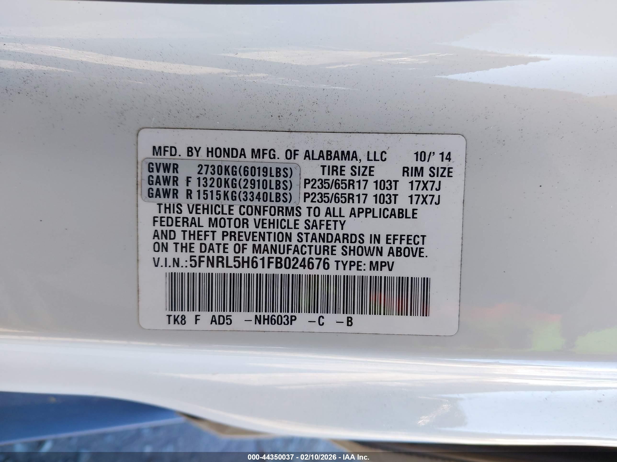 2015 Honda Odyssey Ex-l White vin: 5FNRL5H61FB024676