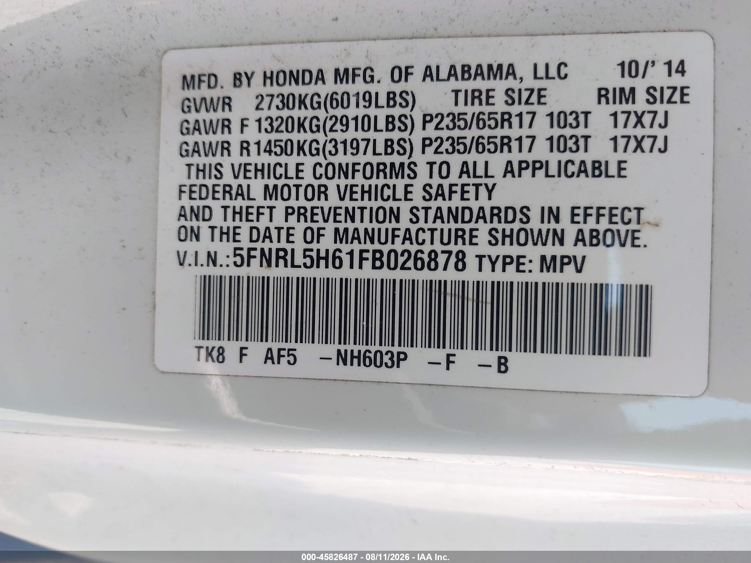 2015 Honda Odyssey Ex-l White vin: 5FNRL5H61FB026878