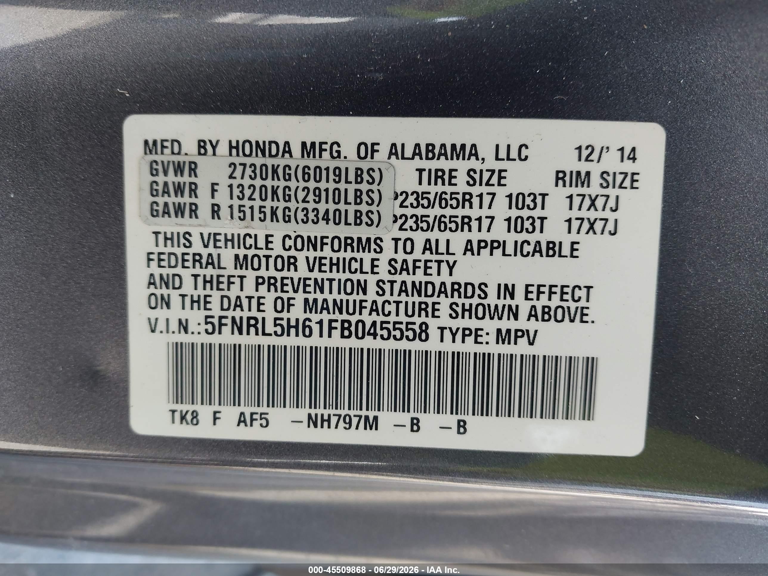 2015 Honda Odyssey Ex-l Gray vin: 5FNRL5H61FB045558