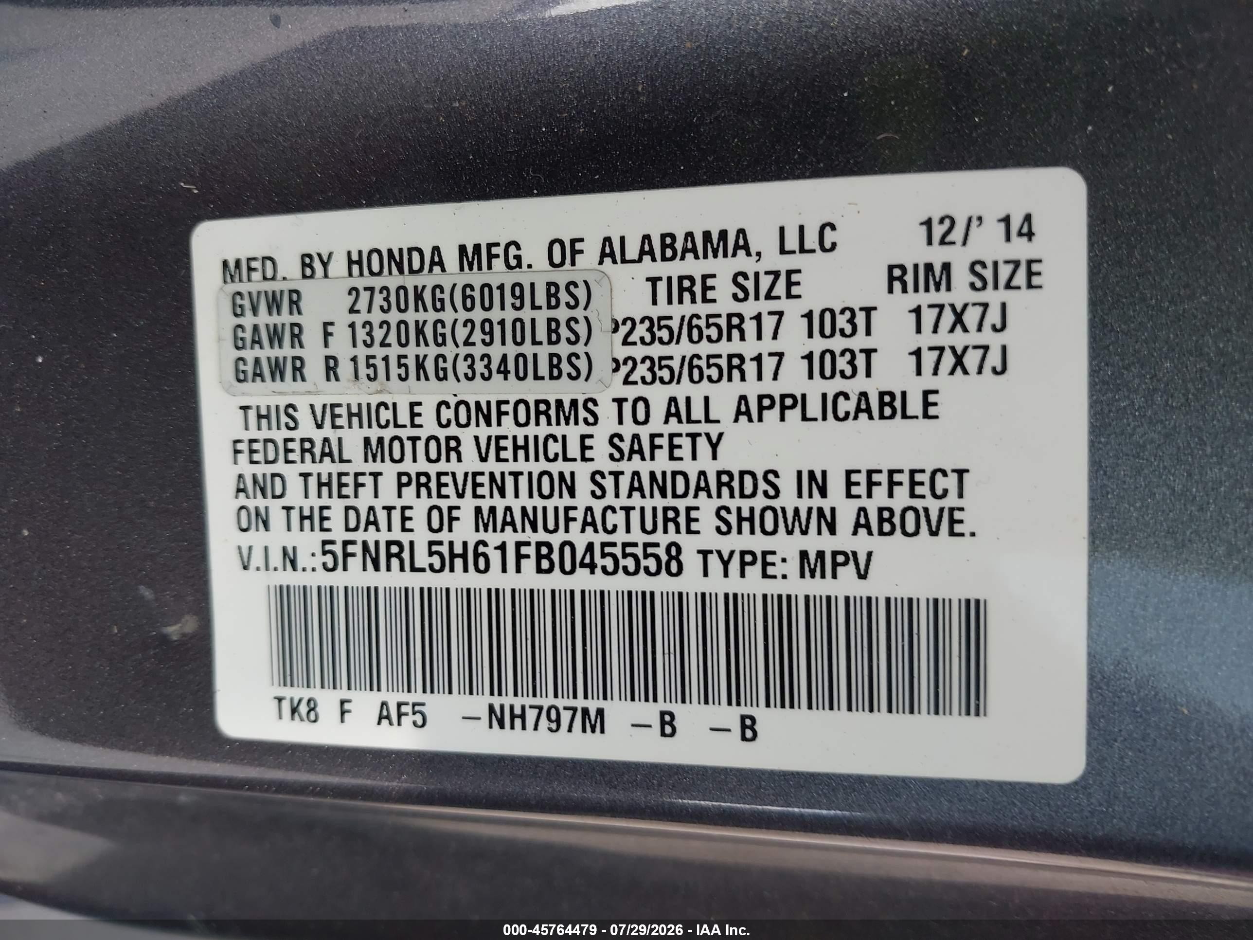 2015 Honda Odyssey Ex-l Gray vin: 5FNRL5H61FB045558