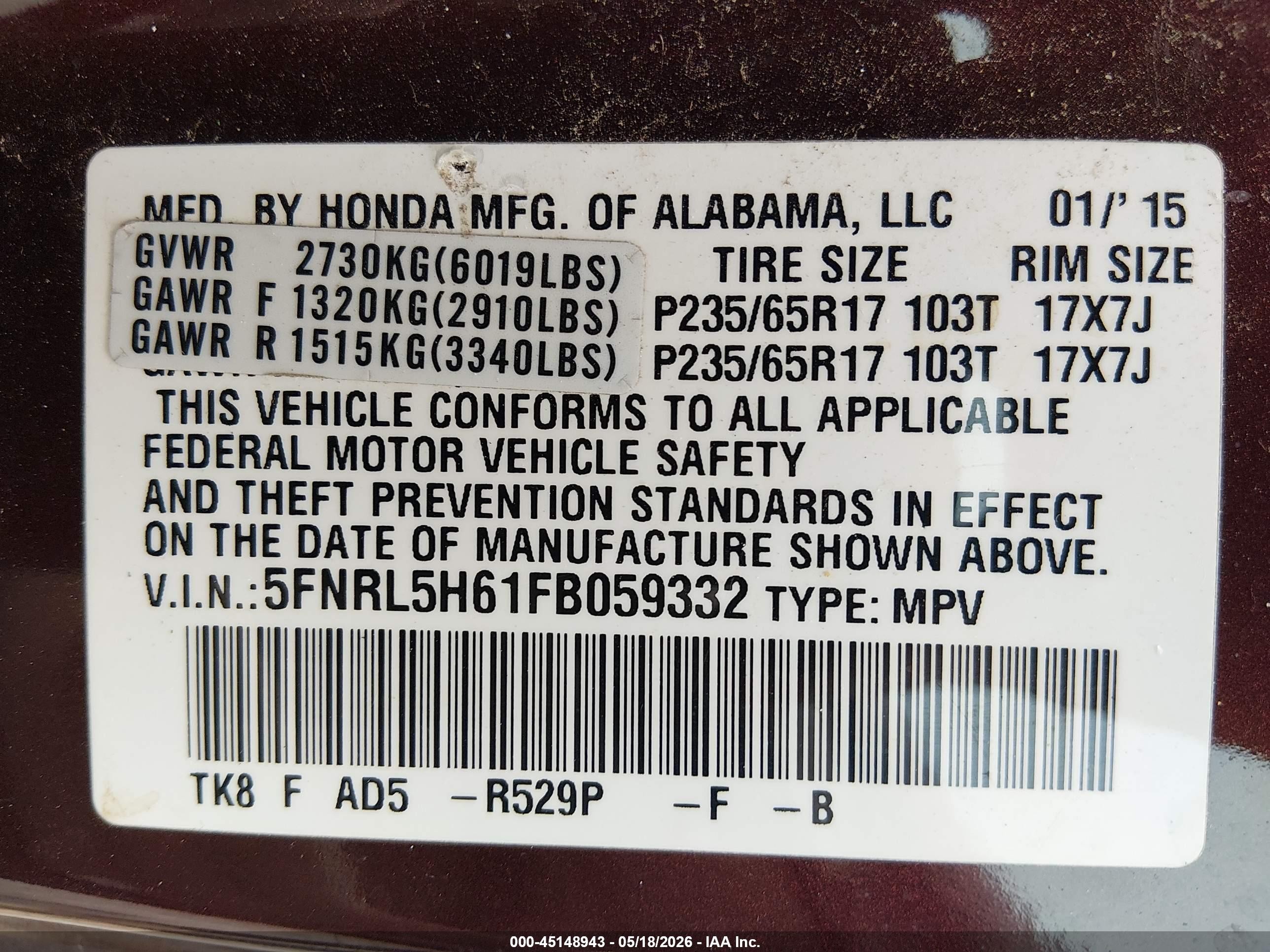 2015 Honda Odyssey Exl Purple vin: 5FNRL5H61FB059332