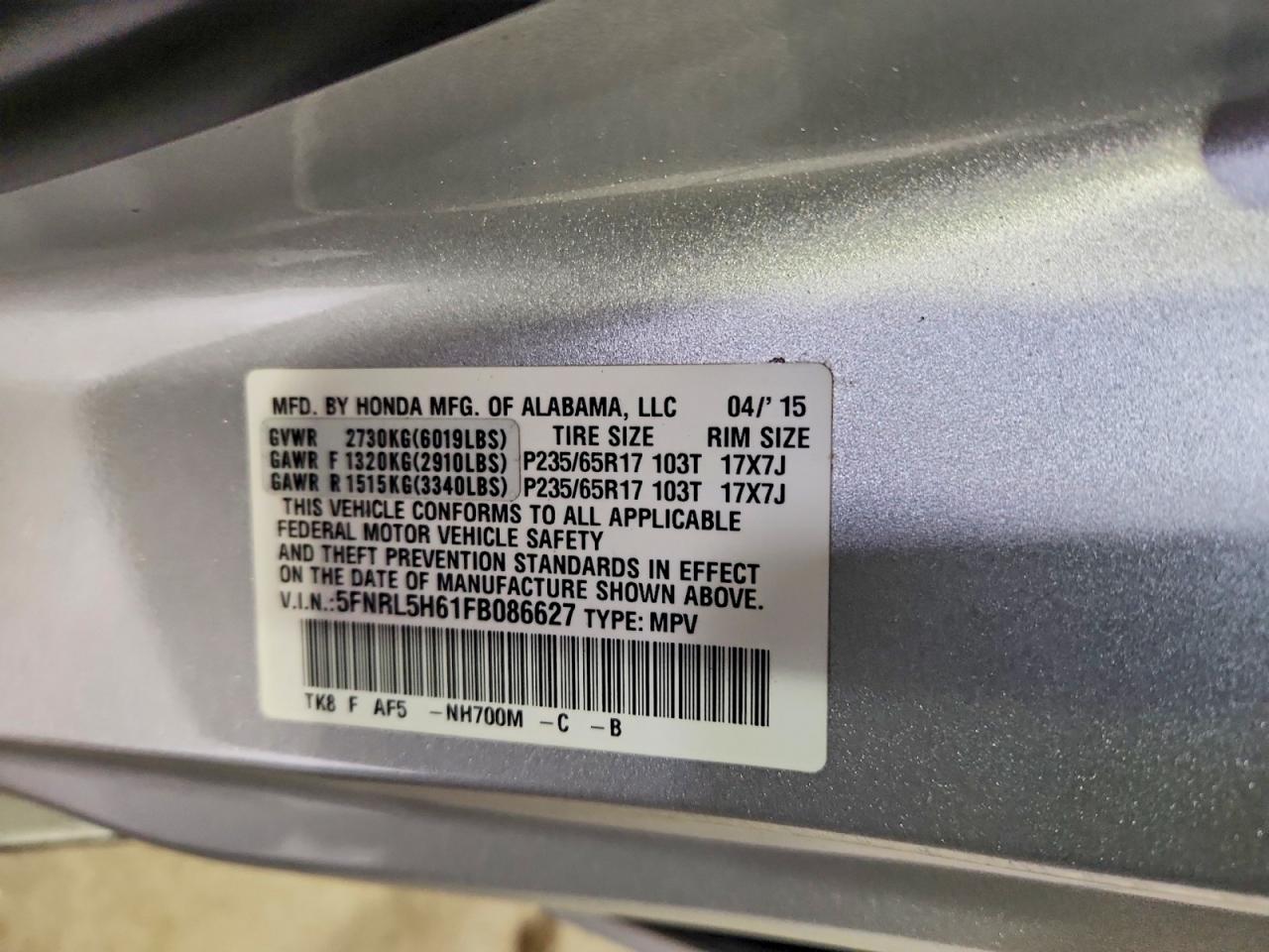 2015 Honda Odyssey Exl Silver vin: 5FNRL5H61FB086627