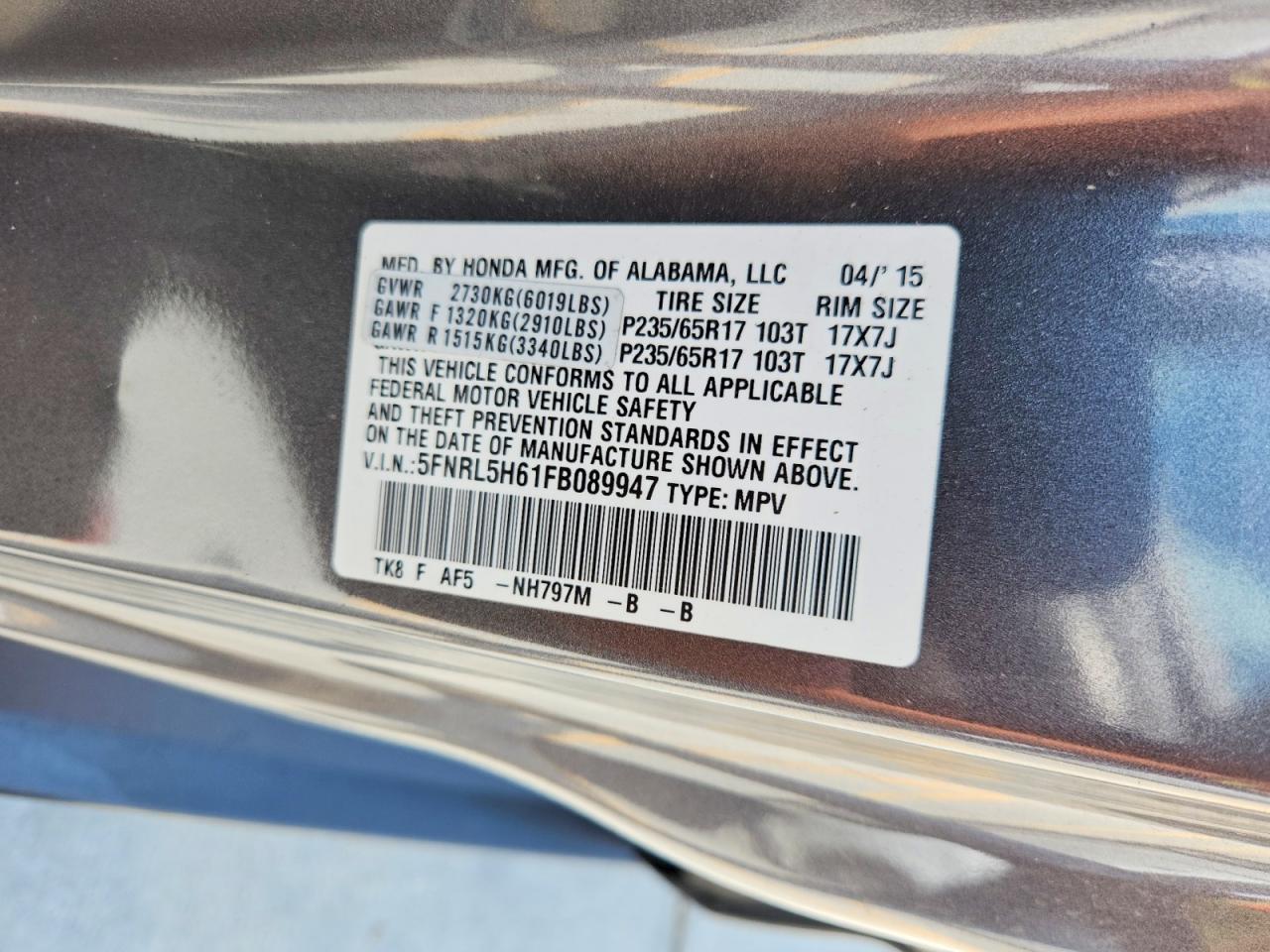 2015 Honda Odyssey Exl Gray vin: 5FNRL5H61FB089947