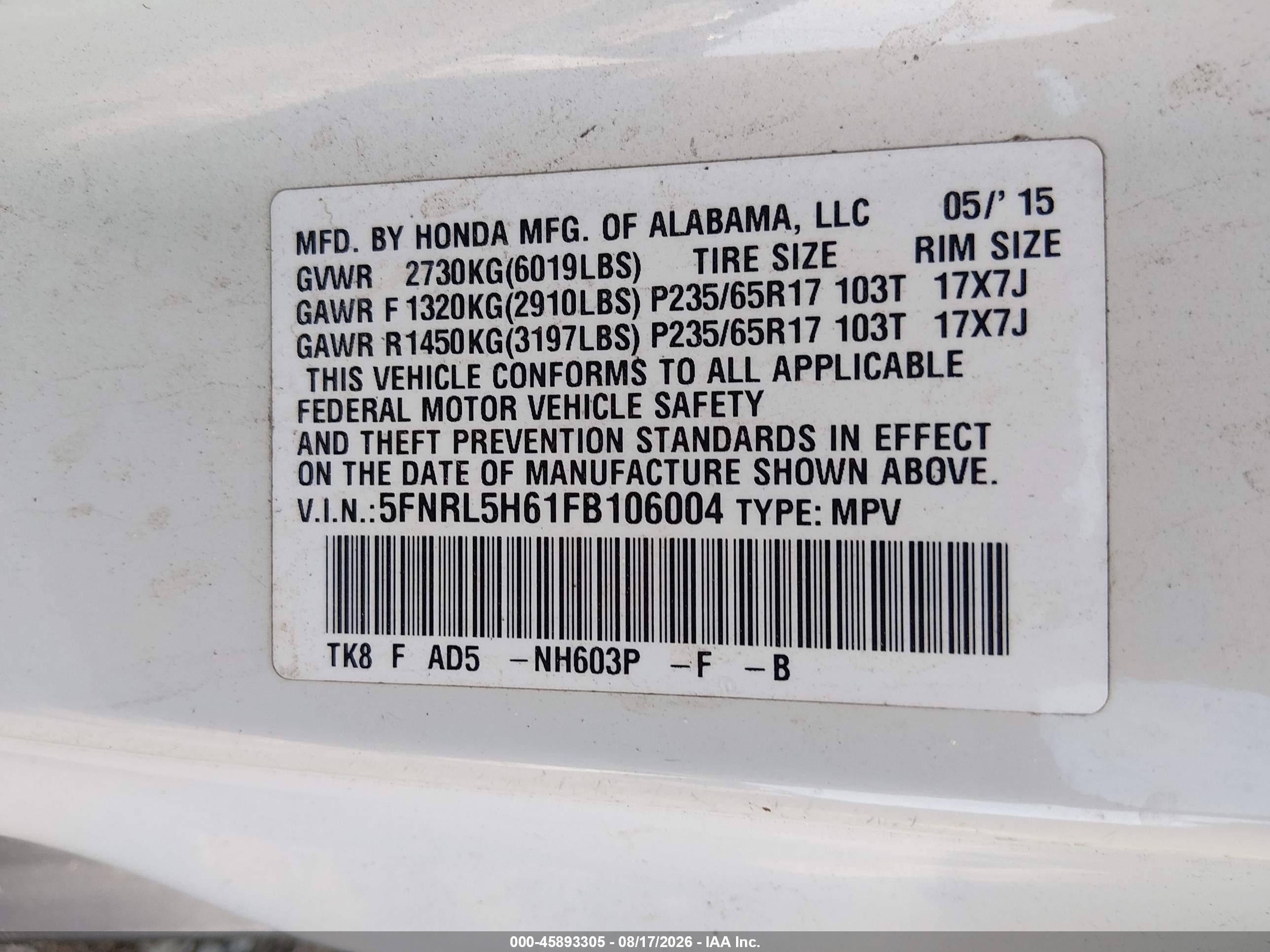 2015 Honda Odyssey Ex-l White vin: 5FNRL5H61FB106004