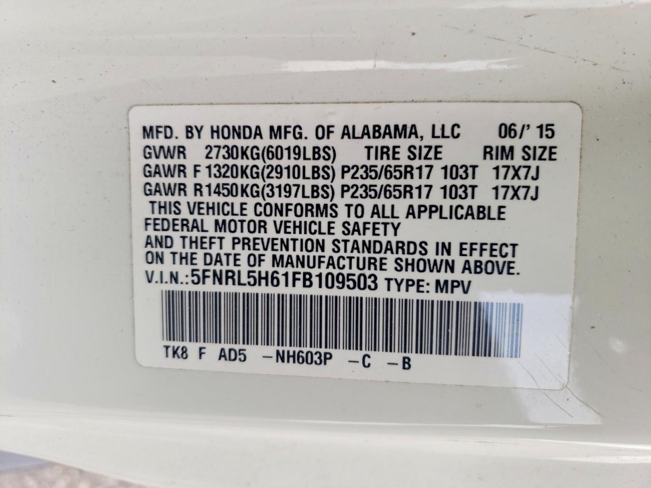 2015 Honda Odyssey Exl White vin: 5FNRL5H61FB109503