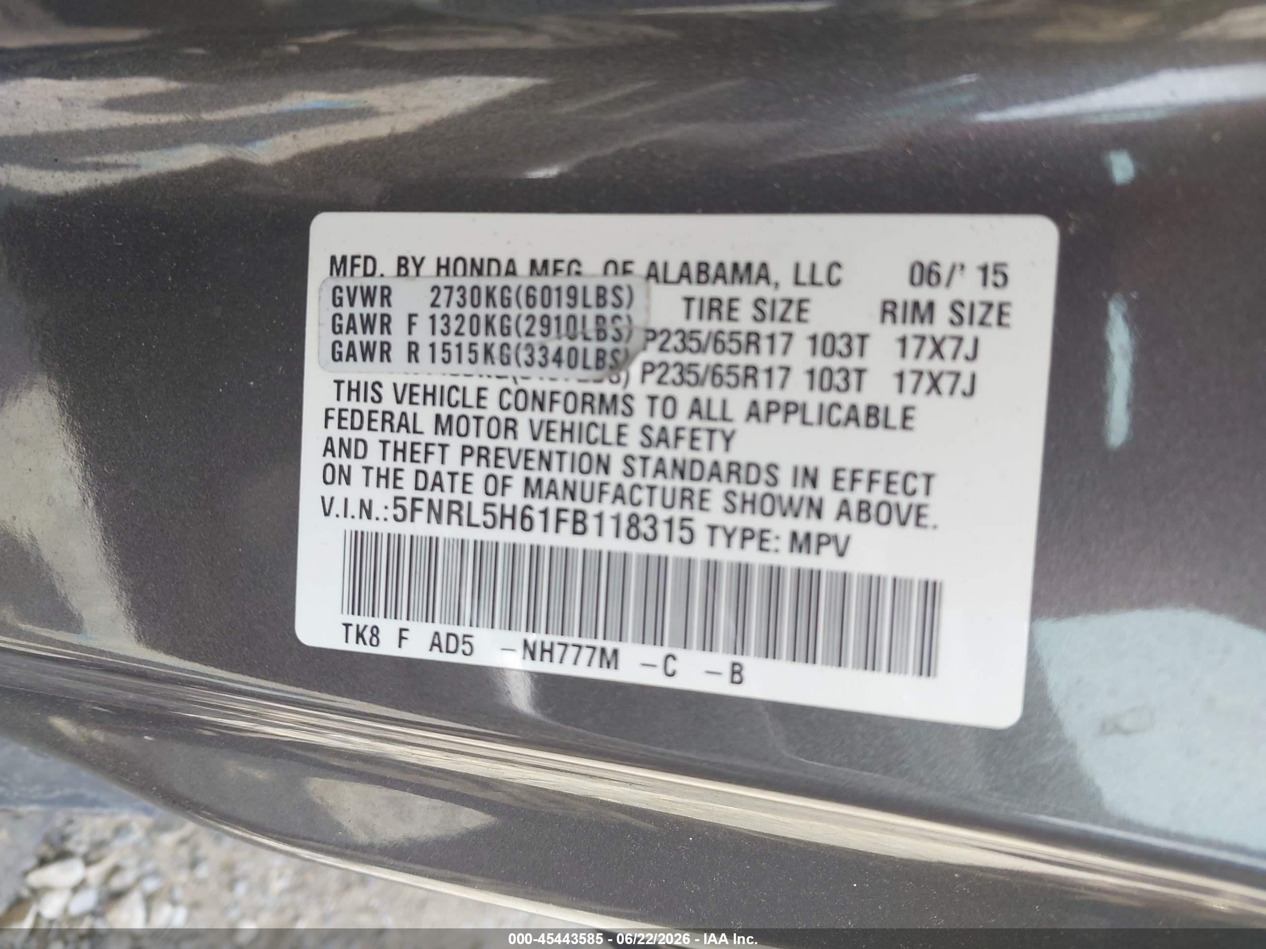2015 Honda Odyssey Ex-l Серый vin: 5FNRL5H61FB118315
