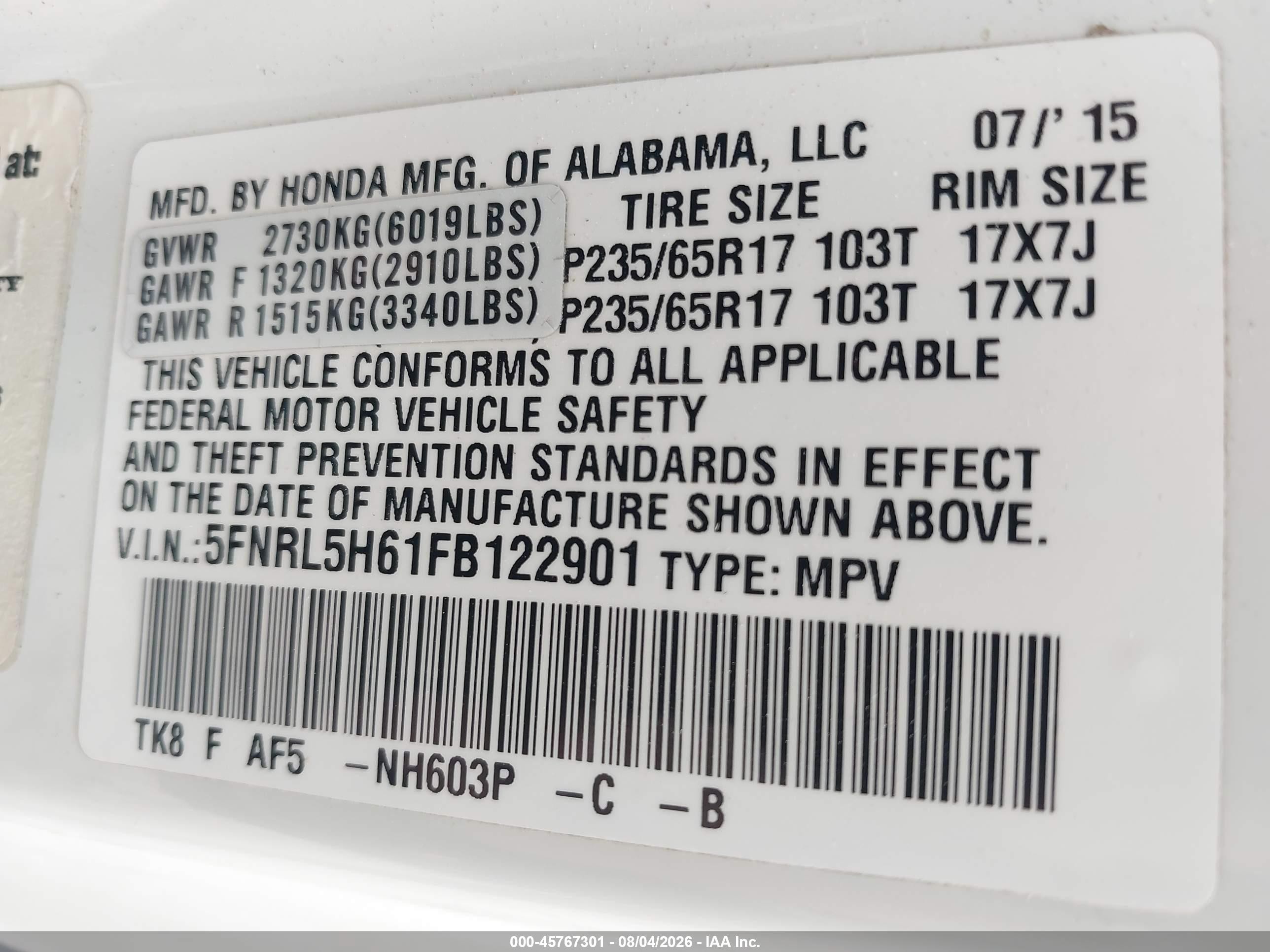 2015 Honda Odyssey Ex-l White vin: 5FNRL5H61FB122901