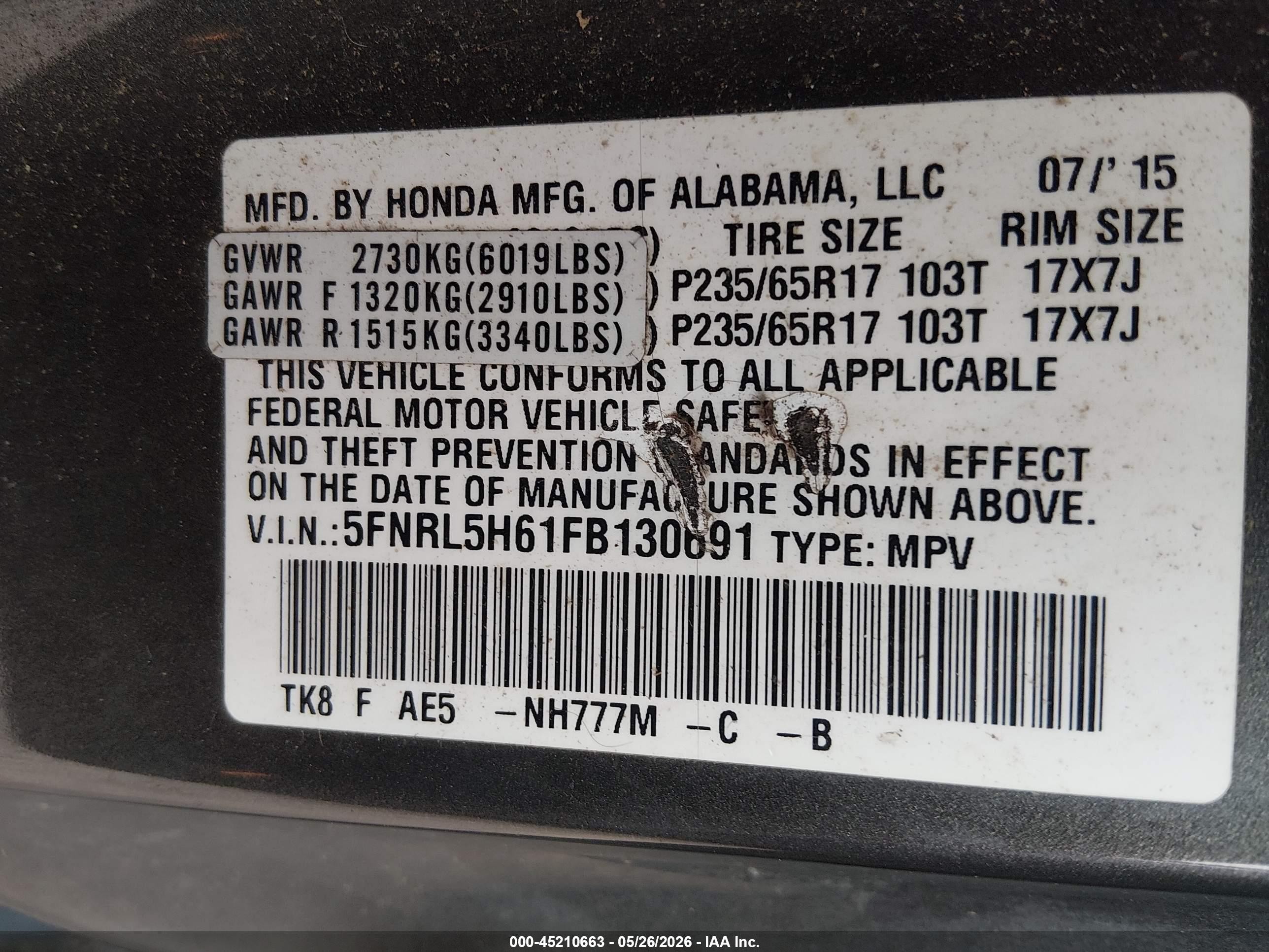 2015 Honda Odyssey Ex-l Gray vin: 5FNRL5H61FB130691