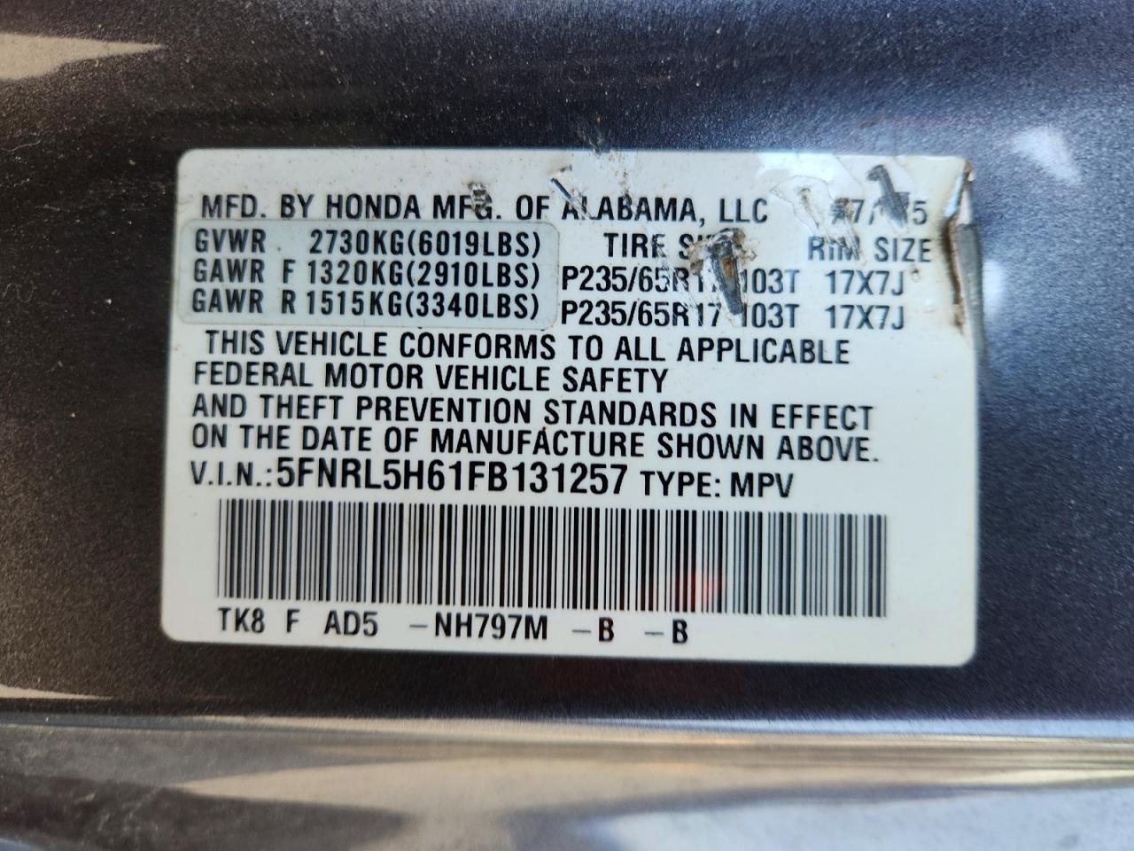 2015 Honda Odyssey Exl Gray vin: 5FNRL5H61FB131257
