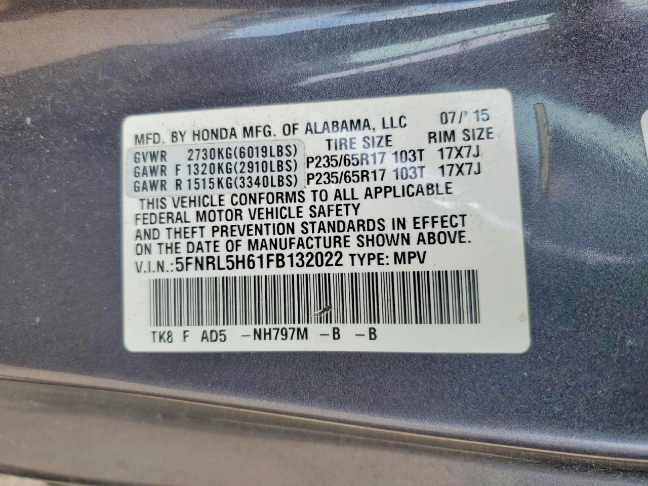 2015 Honda Odyssey Gray vin: 5FNRL5H61FB132022
