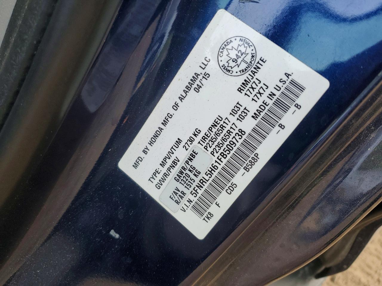 2015 Honda Odyssey Exl Blue vin: 5FNRL5H61FB509738