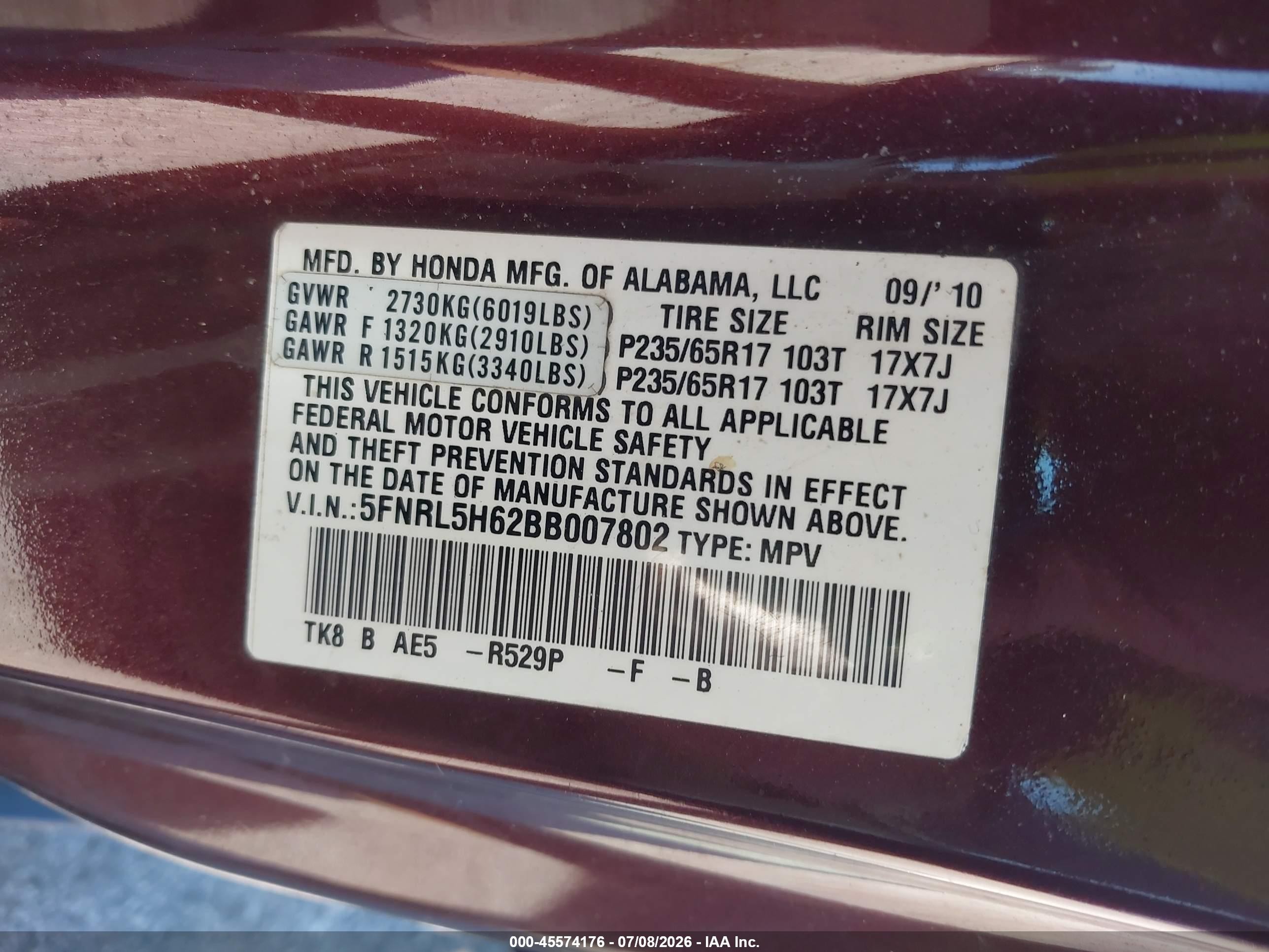 2011 Honda Odyssey Ex-l Maroon vin: 5FNRL5H62BB007802