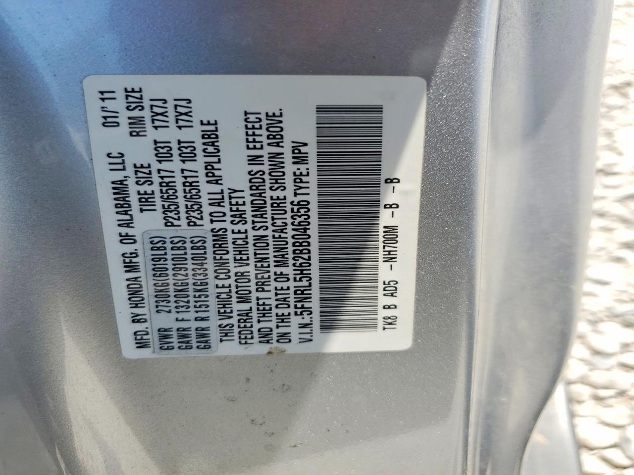 2011 Honda Odyssey Exl Silver vin: 5FNRL5H62BB046356