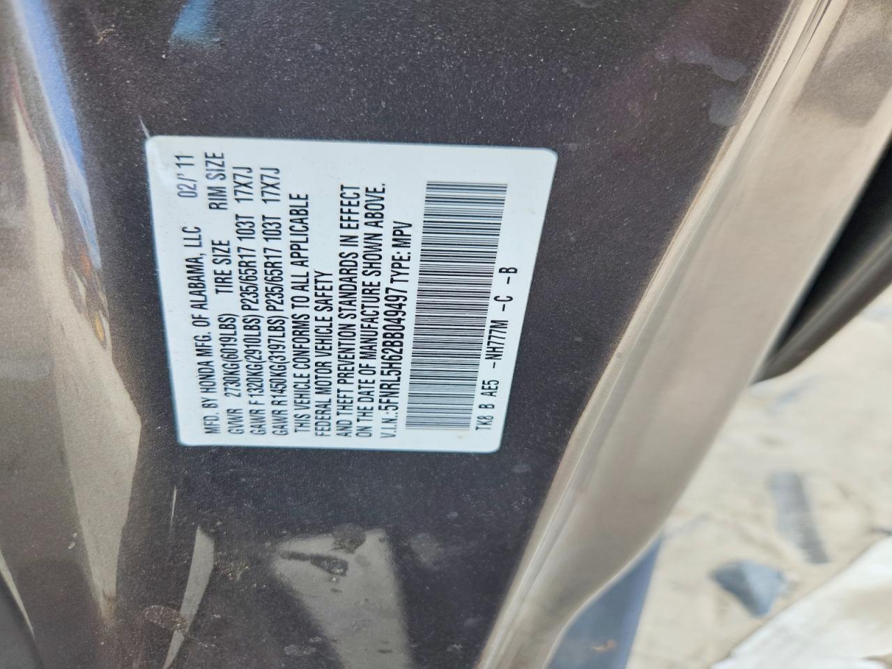 2011 Honda Odyssey Exl Gray vin: 5FNRL5H62BB049497