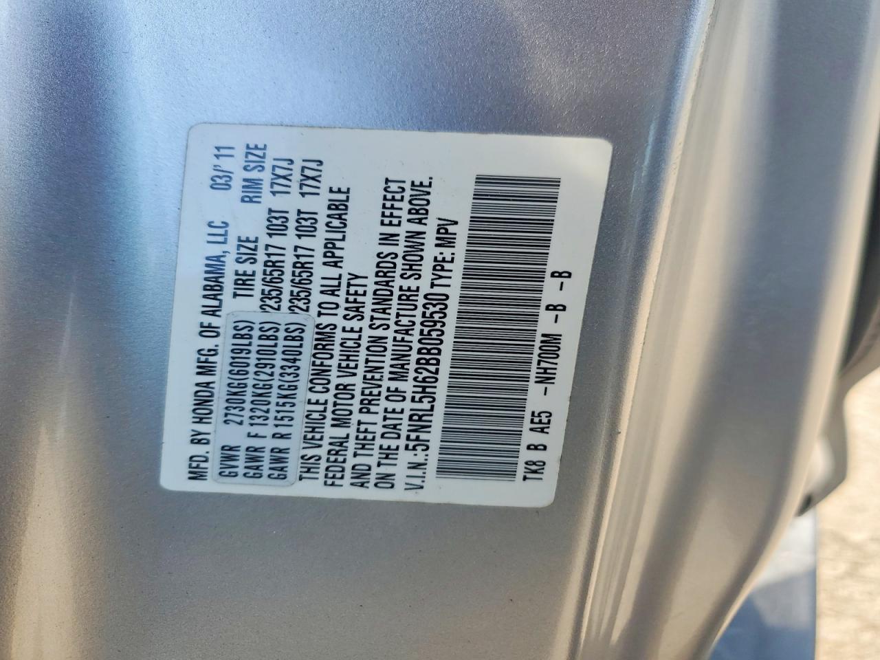 2011 Honda Odyssey Exl Silver vin: 5FNRL5H62BB059530