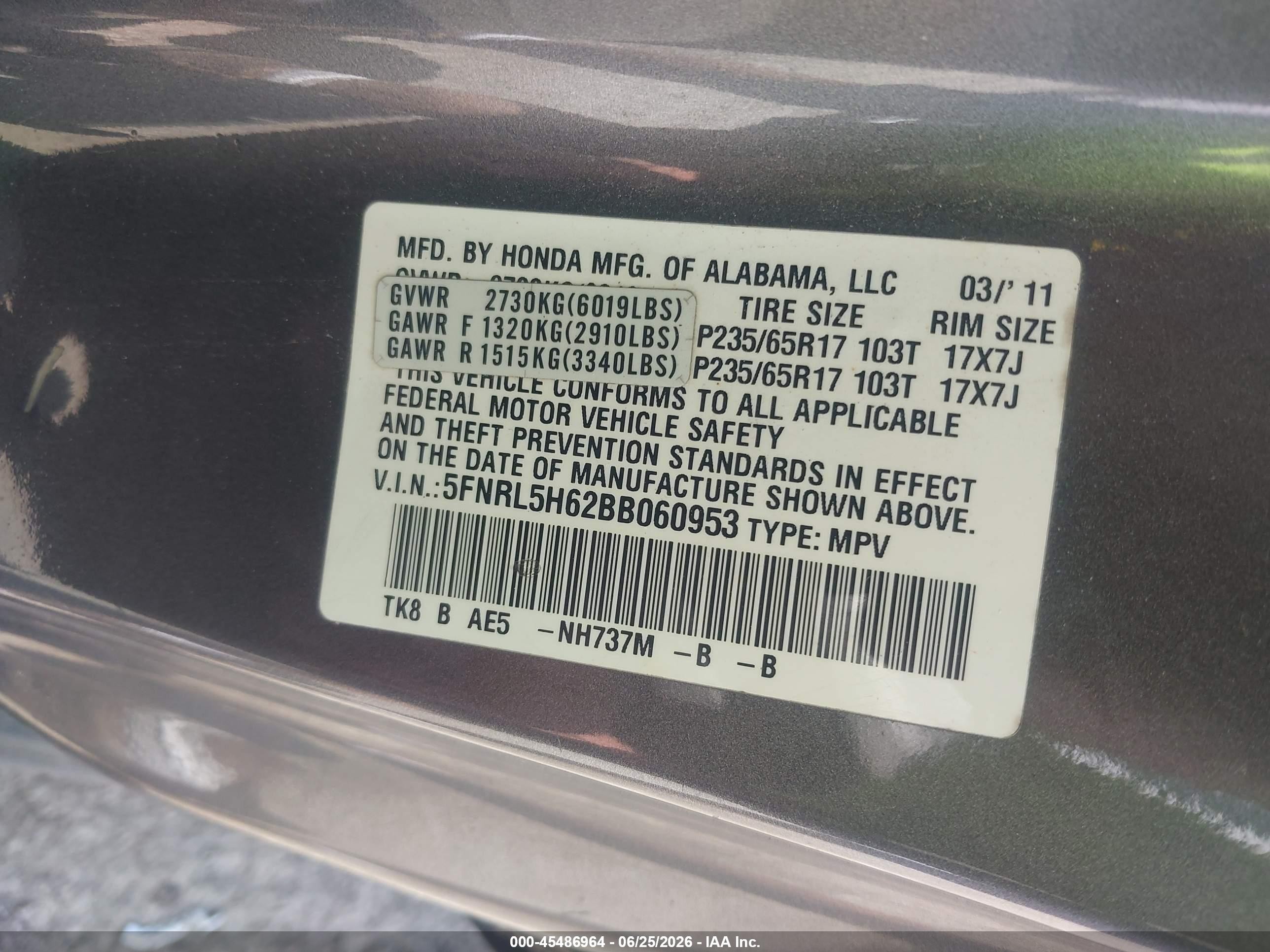 2011 Honda Odyssey Ex-l Gray vin: 5FNRL5H62BB060953