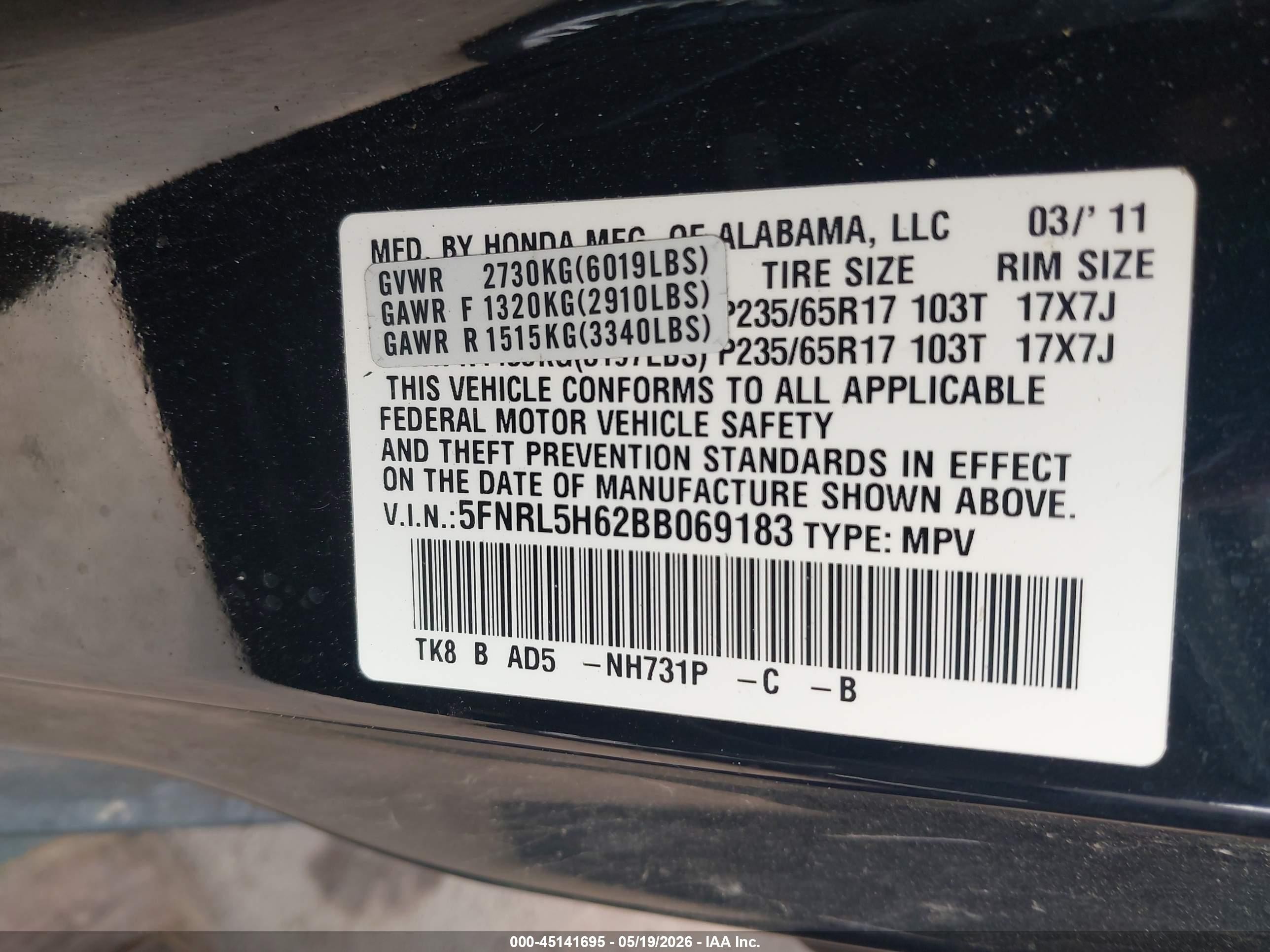 2011 Honda Odyssey Ex-l Black vin: 5FNRL5H62BB069183