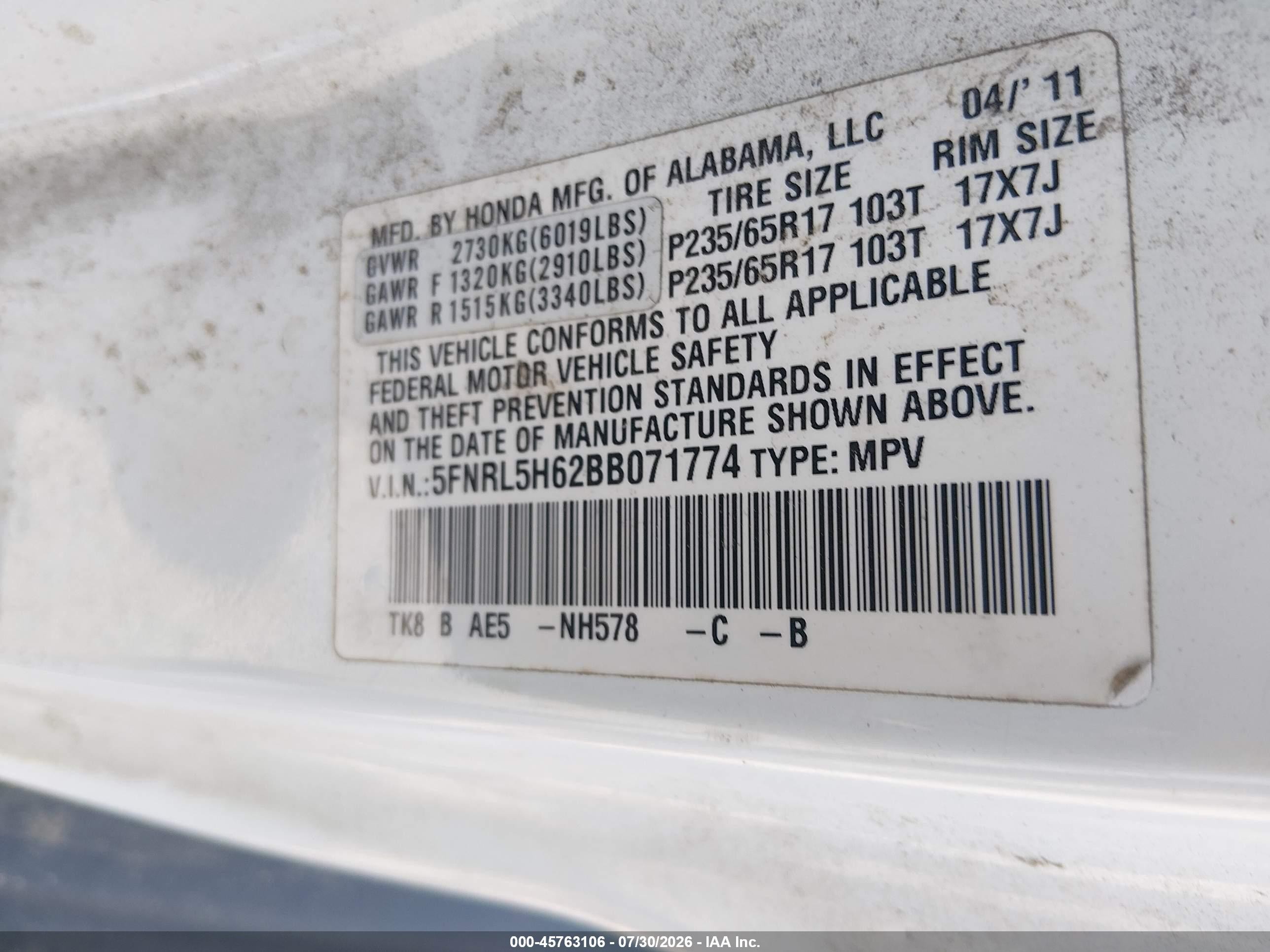 2011 Honda Odyssey Ex-l White vin: 5FNRL5H62BB071774