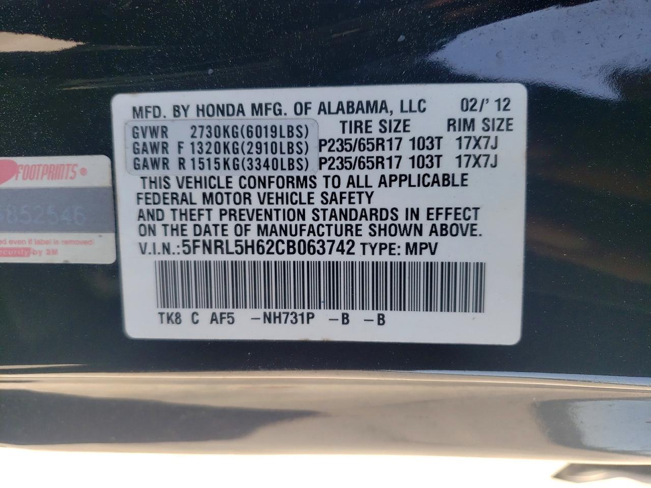 2012 Honda Odyssey Exl Black vin: 5FNRL5H62CB063742