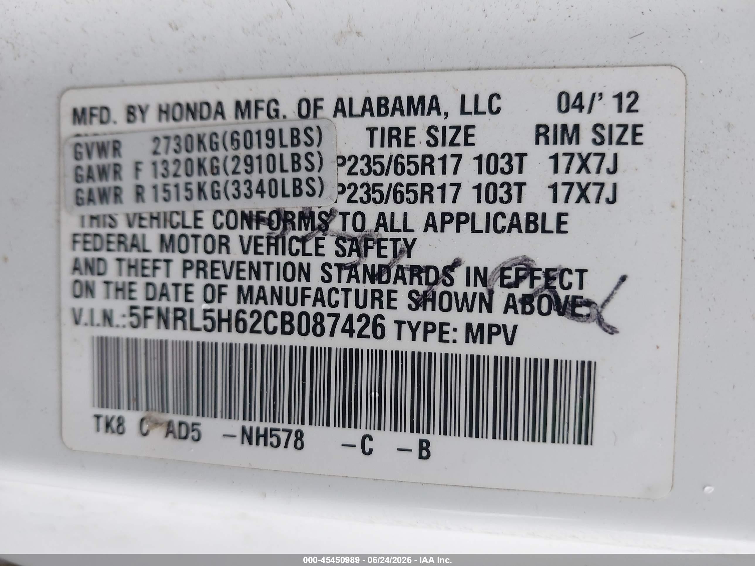 2012 Honda Odyssey Ex-l White vin: 5FNRL5H62CB087426