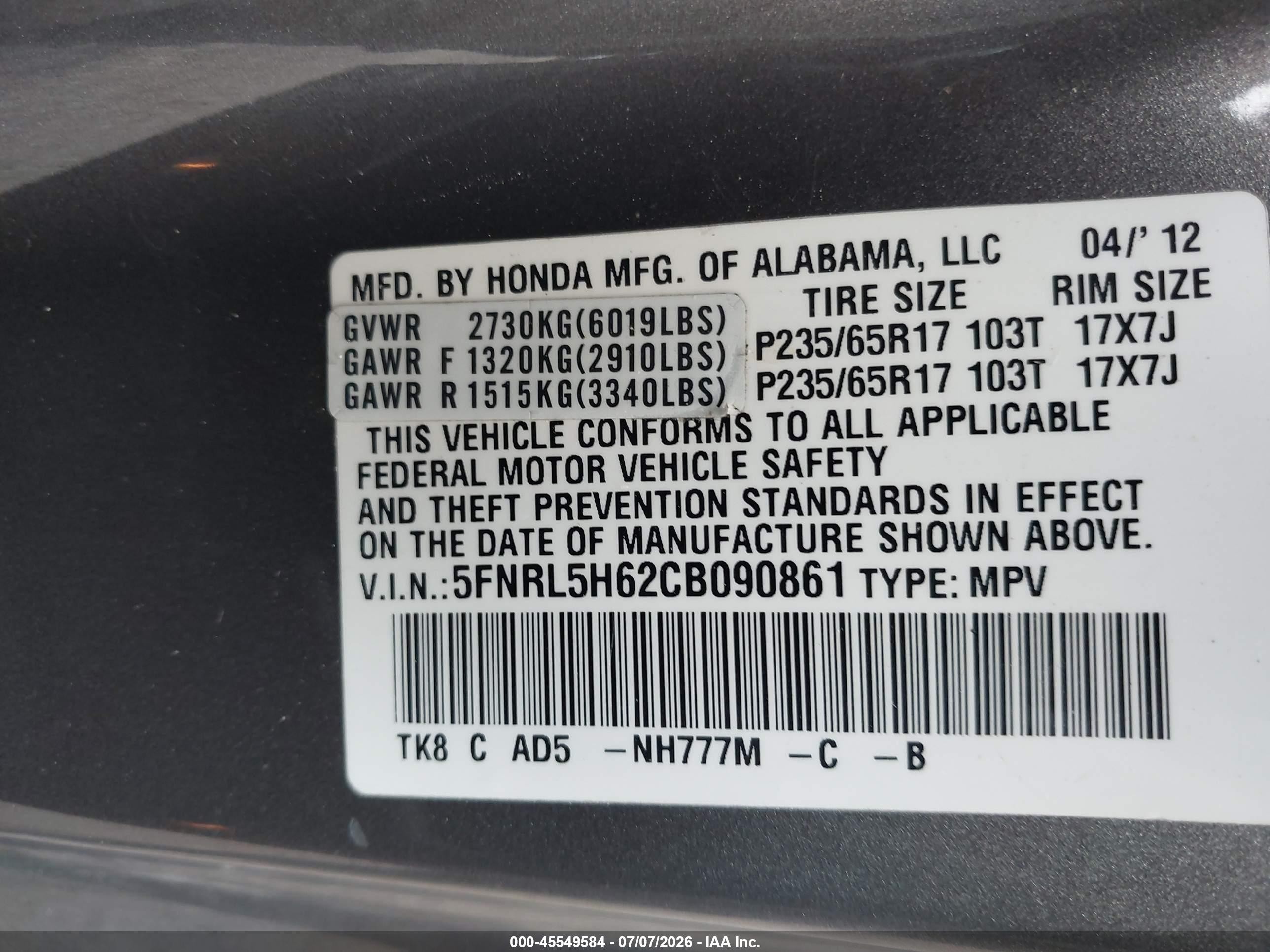 2012 Honda Odyssey Ex-l Black vin: 5FNRL5H62CB090861