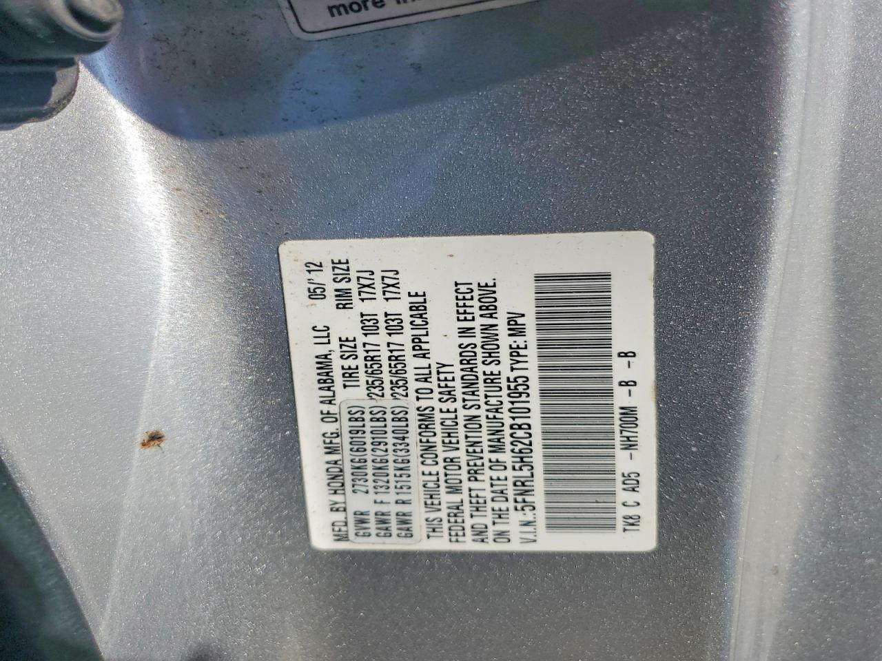 2012 Honda Odyssey Exl Silver vin: 5FNRL5H62CB101955