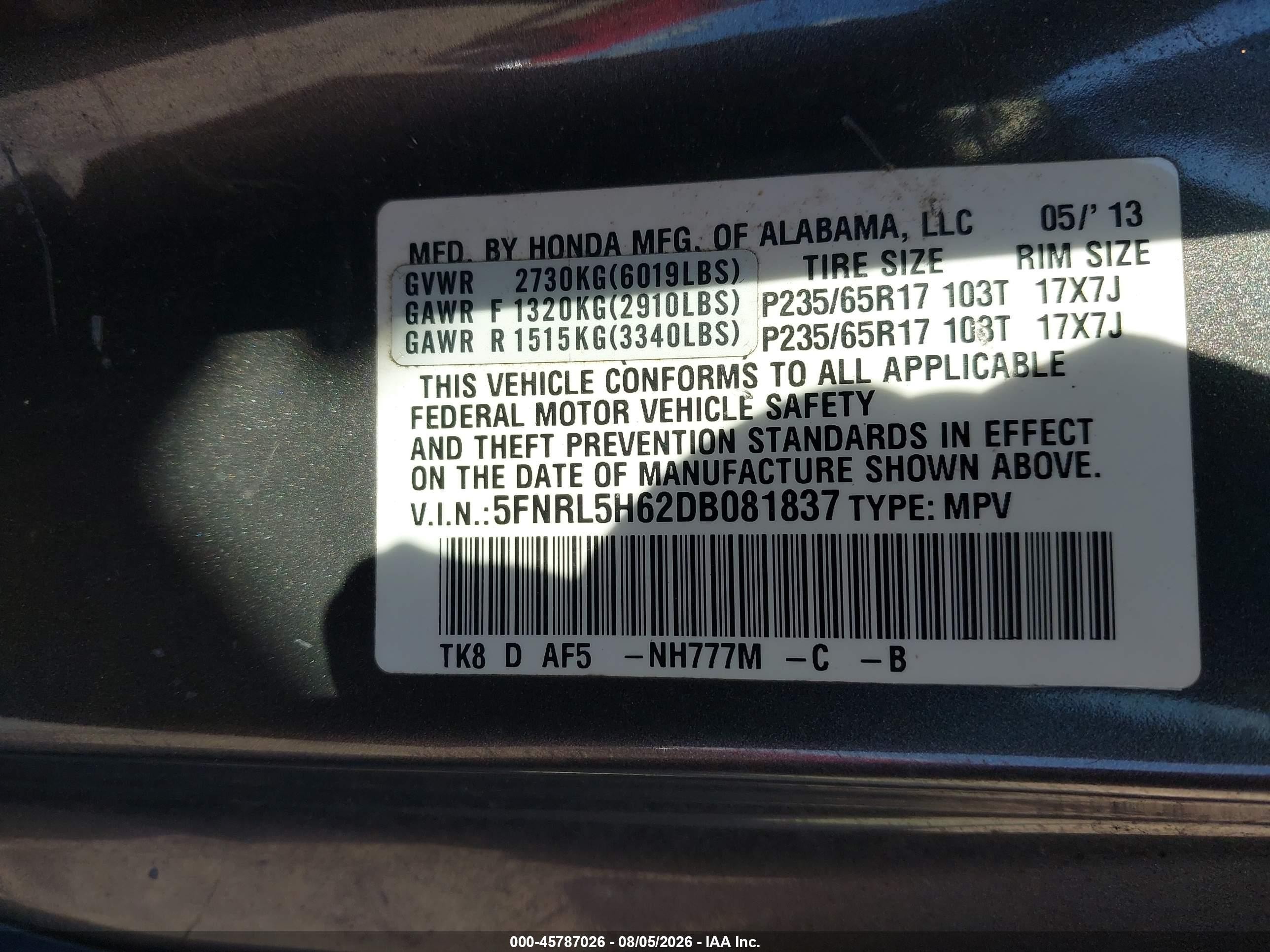 2013 Honda Odyssey Ex-l Серый vin: 5FNRL5H62DB081837