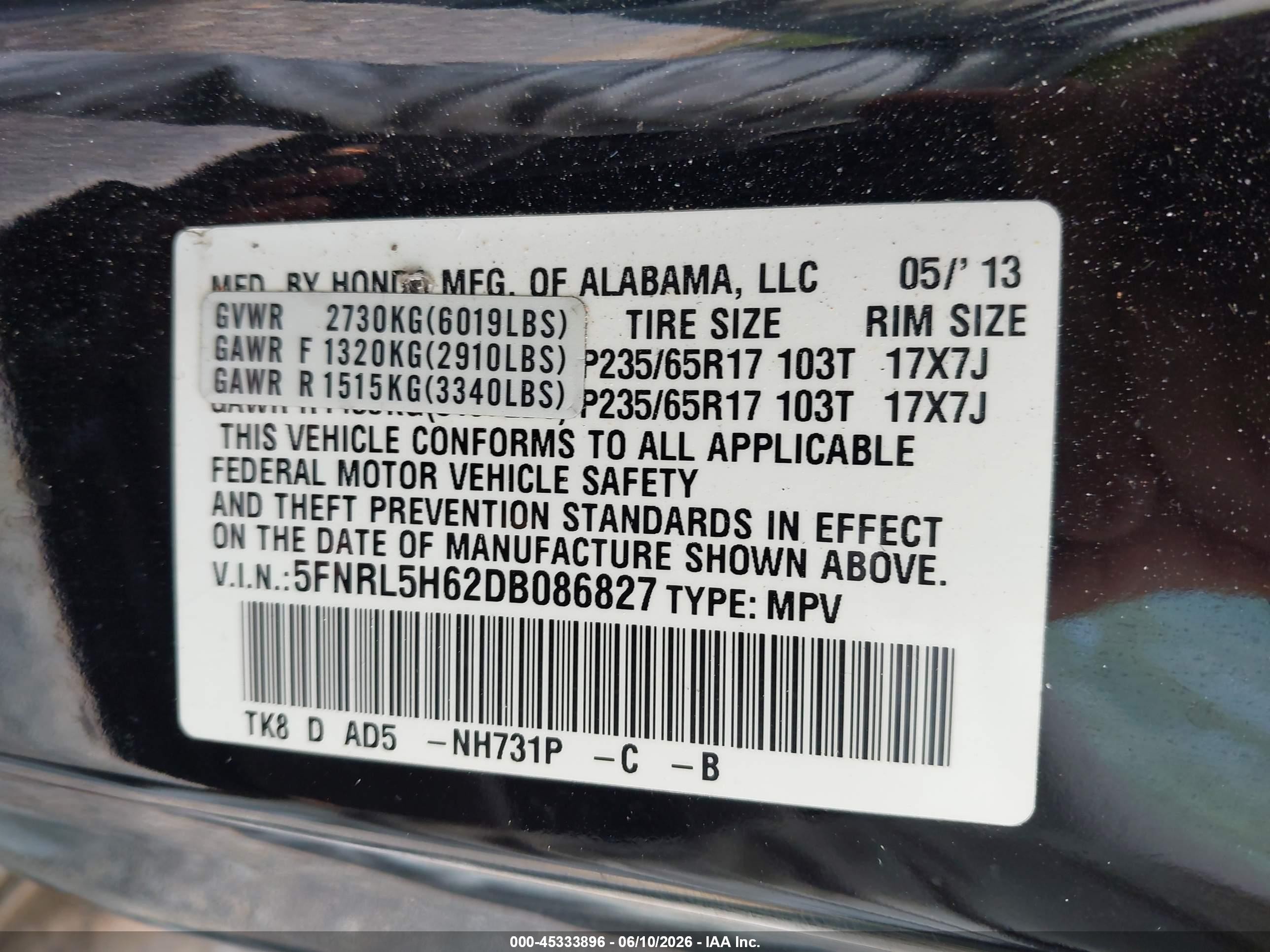 2013 Honda Odyssey Ex-l Черный vin: 5FNRL5H62DB086827