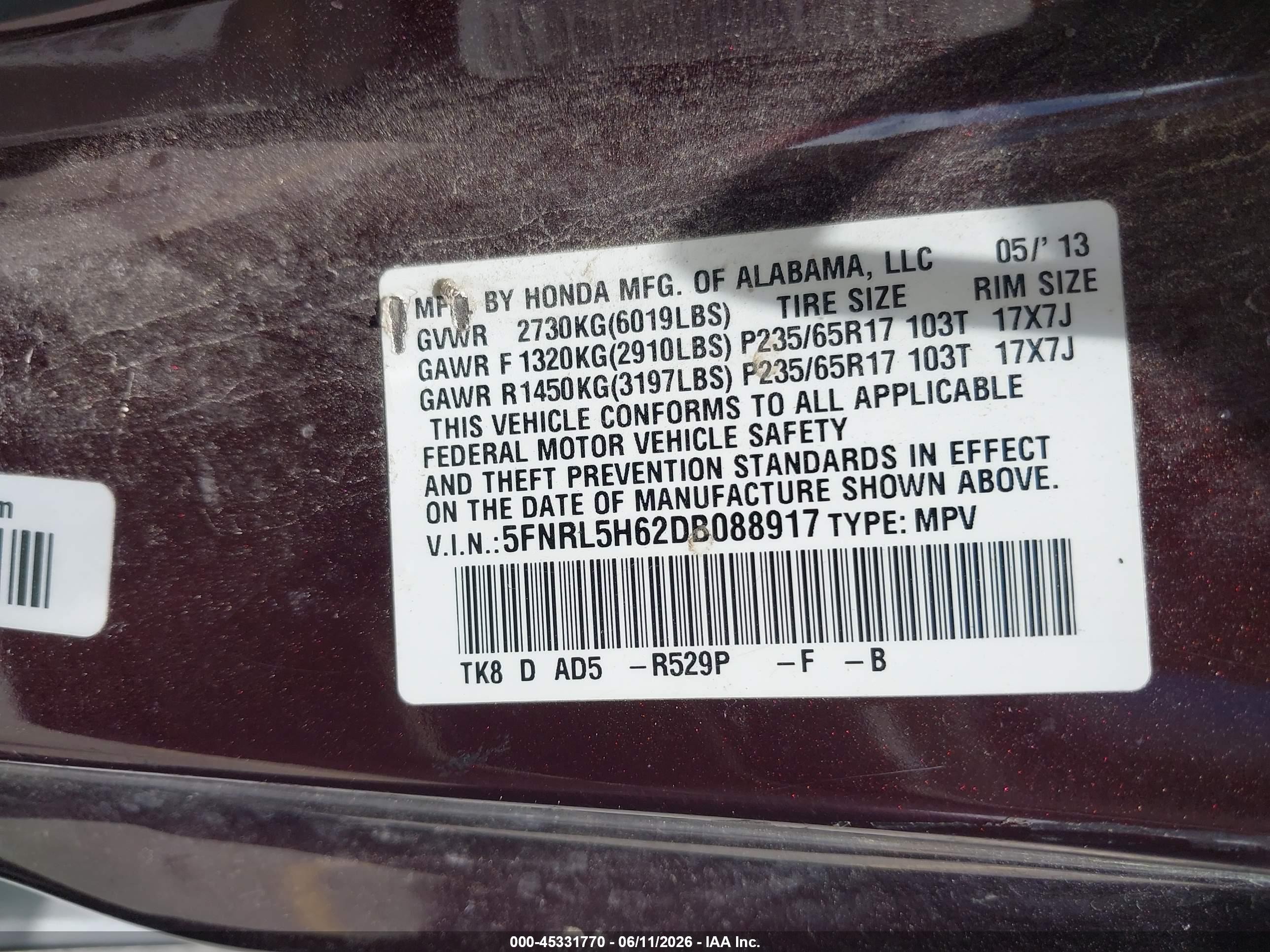 2013 Honda Odyssey Ex-l Purple vin: 5FNRL5H62DB088917