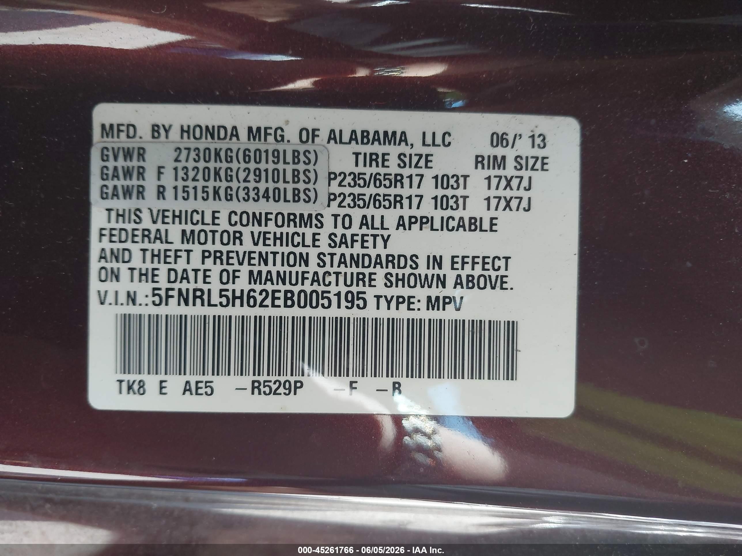 2014 Honda Odyssey Ex-l Maroon vin: 5FNRL5H62EB005195