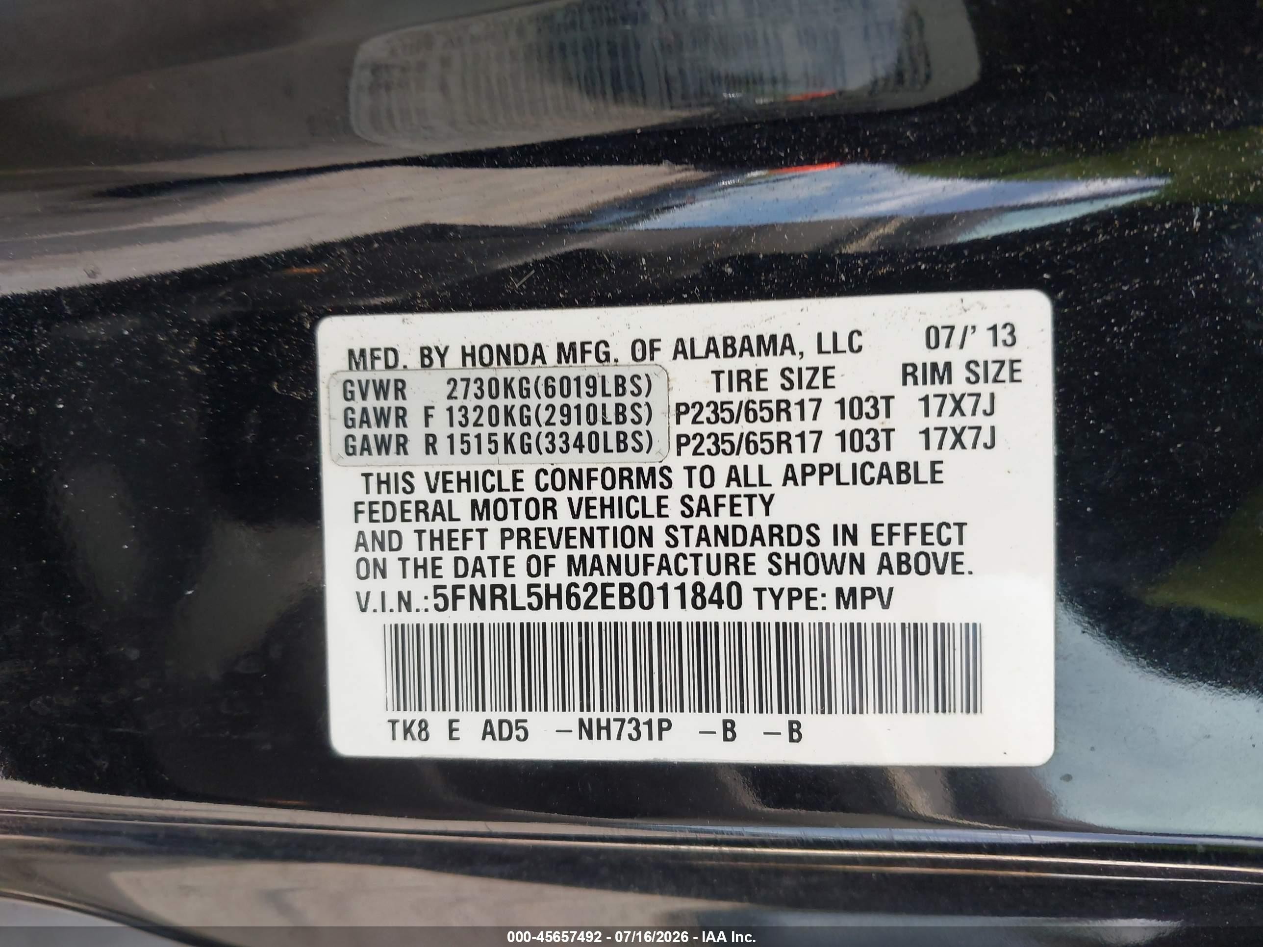 2014 Honda Odyssey Ex-l Black vin: 5FNRL5H62EB011840