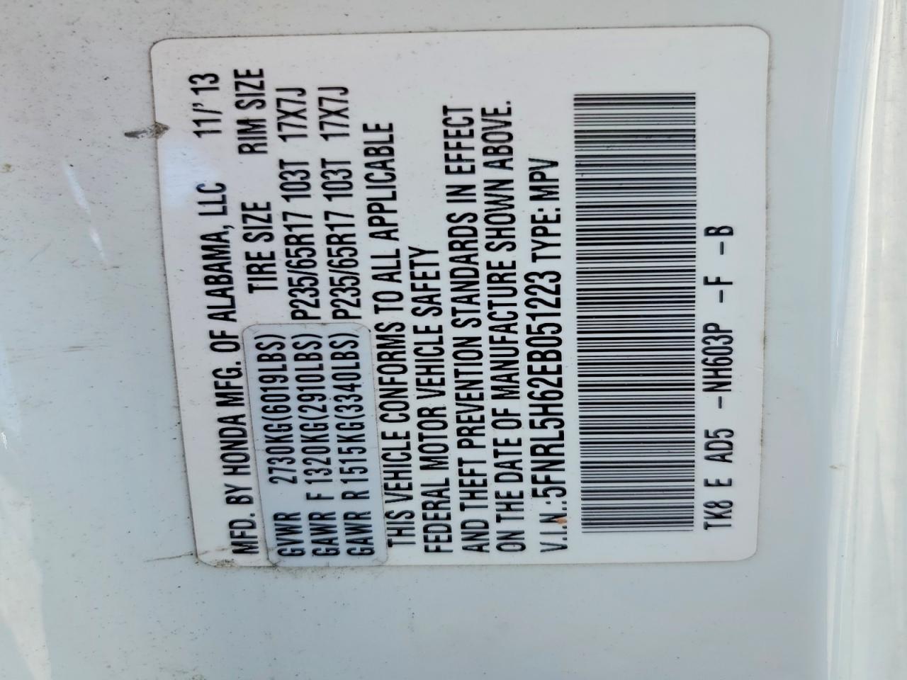 2014 Honda Odyssey Exl White vin: 5FNRL5H62EB051223
