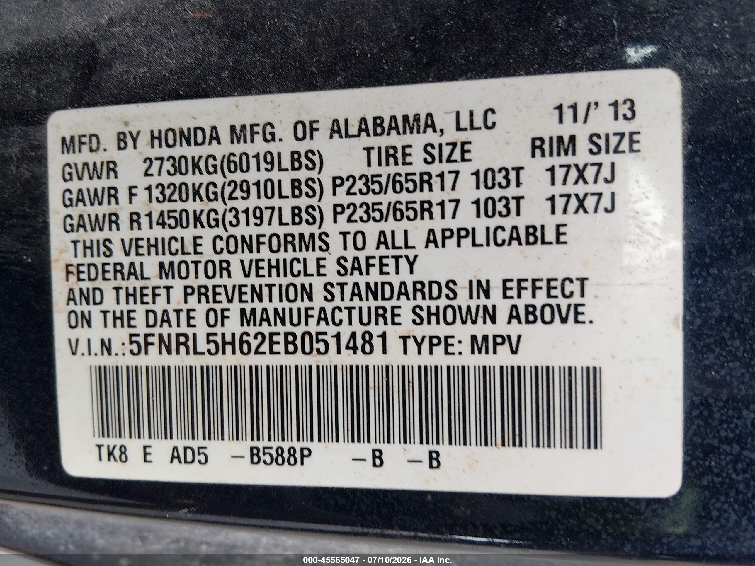 2014 Honda Odyssey Ex-l Blue vin: 5FNRL5H62EB051481