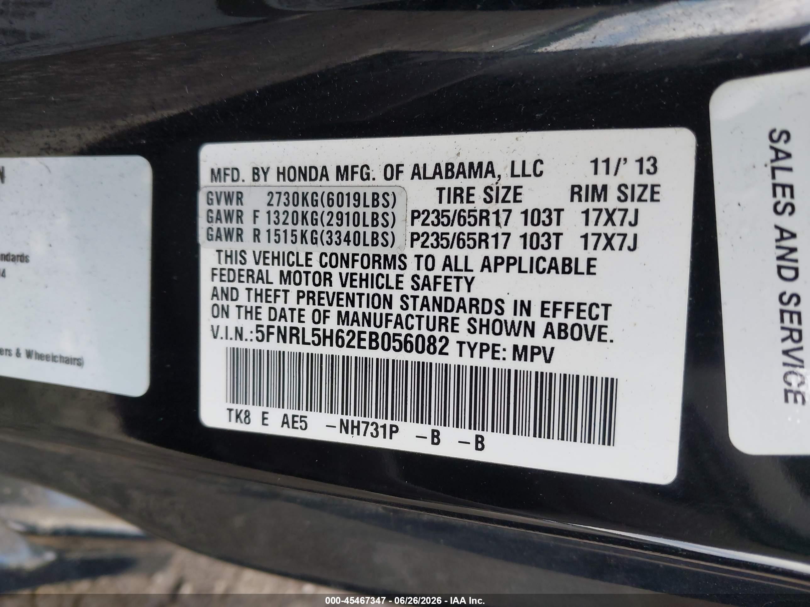 2014 Honda Odyssey Ex-l Black vin: 5FNRL5H62EB056082