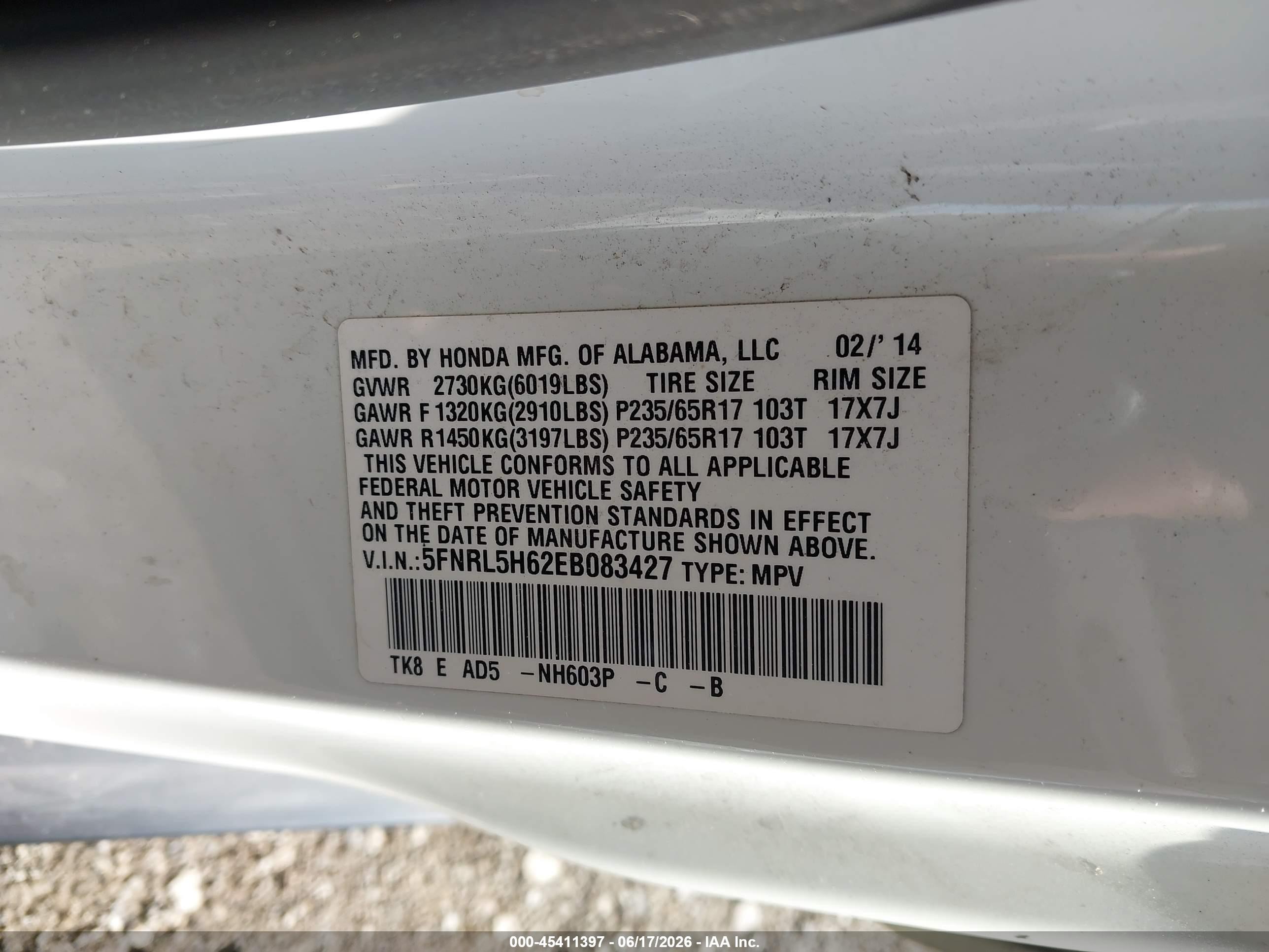 2014 Honda Odyssey Ex-l White vin: 5FNRL5H62EB083427