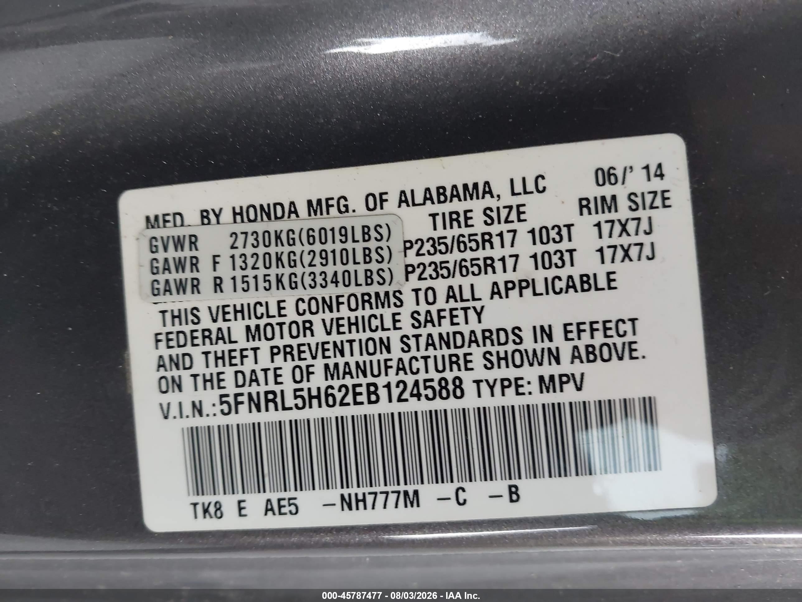 2014 Honda Odyssey Ex-l Gray vin: 5FNRL5H62EB124588