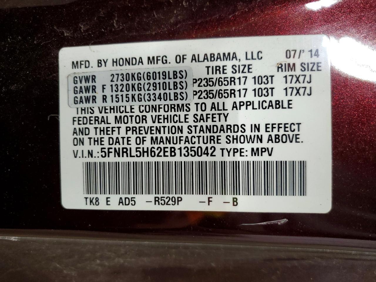 2014 Honda Odyssey Exl Burgundy vin: 5FNRL5H62EB135042