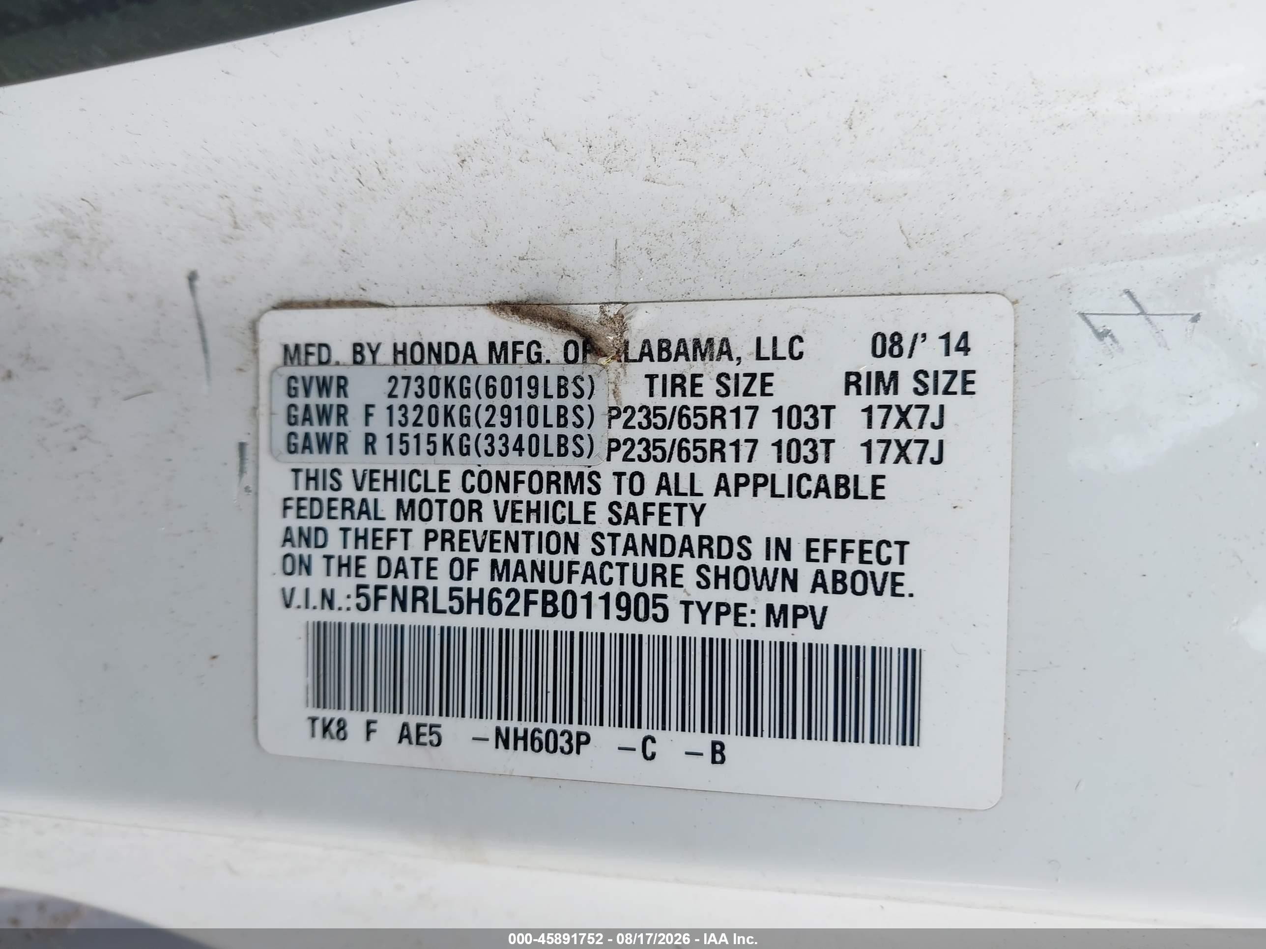 2015 Honda Odyssey Ex-l White vin: 5FNRL5H62FB011905